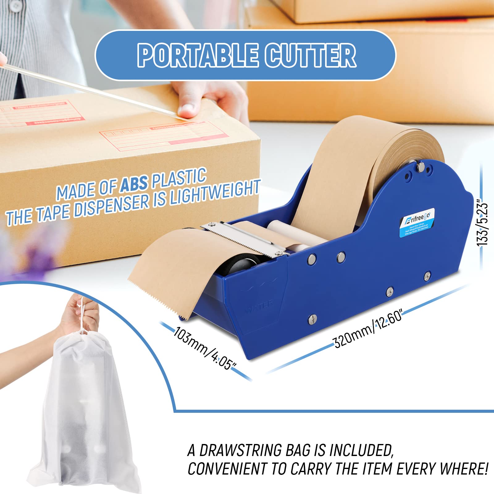 Manual Water-Activated Kraft Gum Tape Dispenser - Adjustable Width 1.18-3.15 Inch | Lightweight Portable Packing Tape Dispenser for Shipping Boxes, Moving & Packaging Supplies