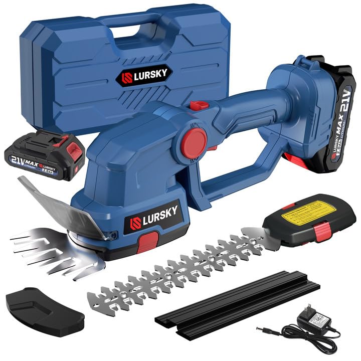 21V Cordless Hedge Trimmer & Grass Shear - 2-in-1 Garden Tool with 2.0Ah Battery & Charger (Dark Blue, Includes 2 Batteries) - Perfect for Lawn Care, Shrub Trimming & Backyard Maintenance