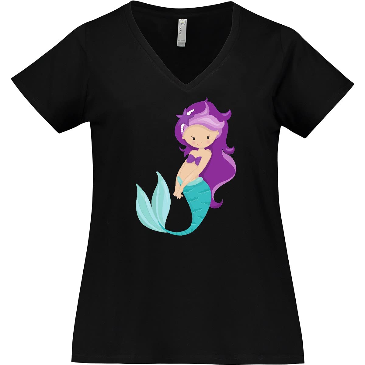 Inktastic Cute Mermaid T-Shirt - Little Mermaid Purple Hair Graphic Tee - Women's Plus Size V-Neck Top for Casual Wear, Beach Vacation & Mermaid Lovers