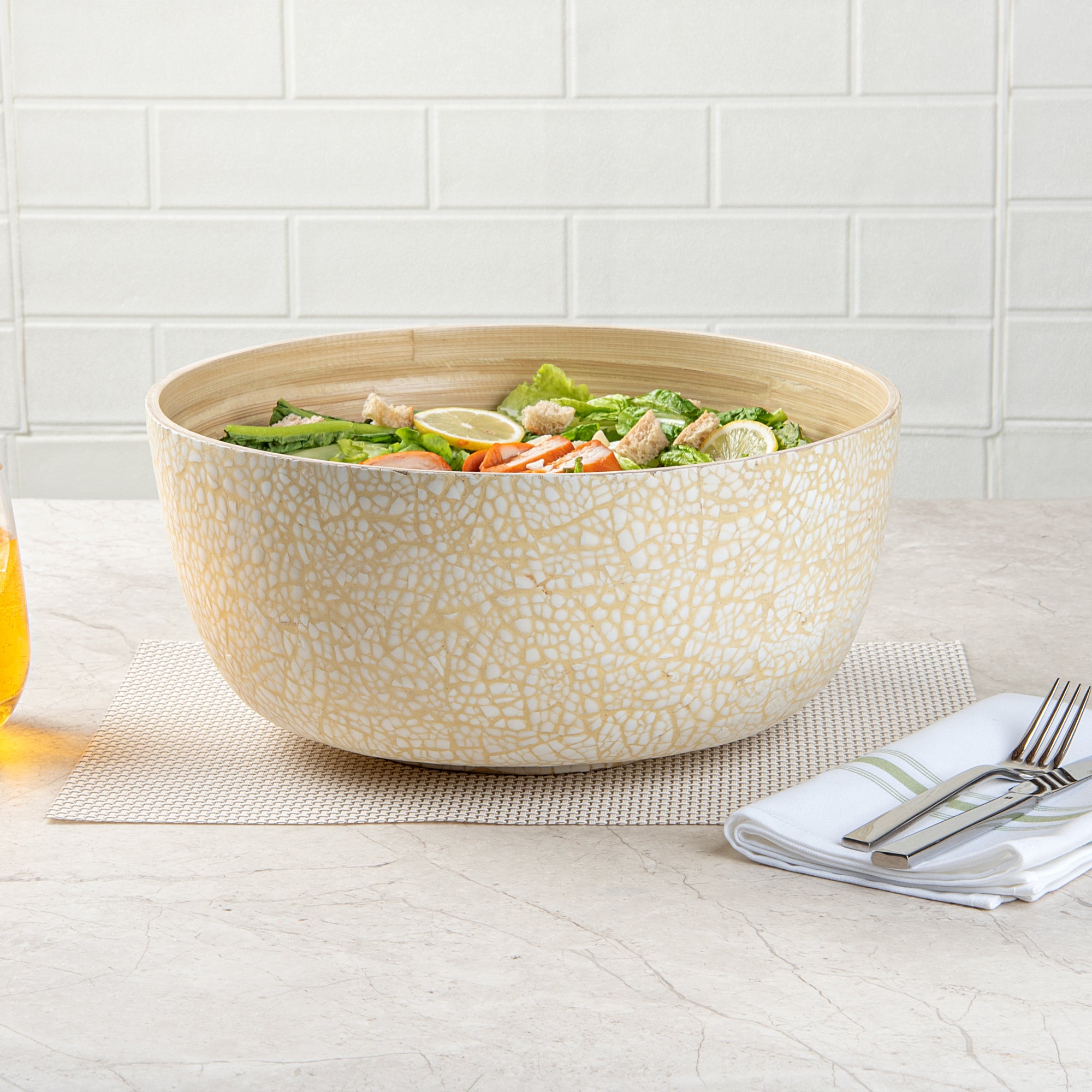 Bambuddha 51 oz Large Round Beige Spun Bamboo Salad Bowl - 13.5