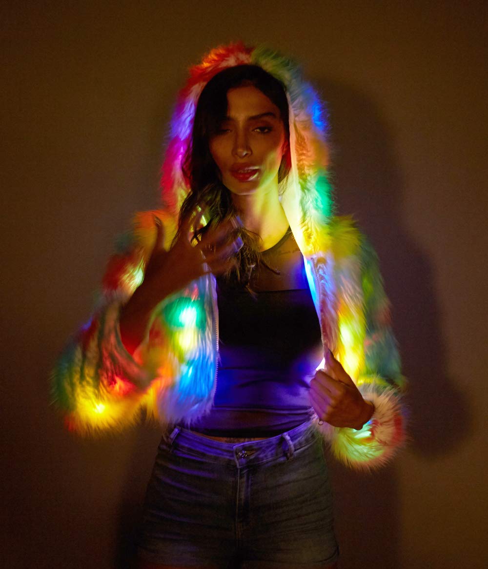 LED Light Up Jacket for Women - Glow in The Dark Rave, Stage, Xmas & Birthday Party Costume - Faux Fur Coats for Nightclub, Festival & Fancy Dress