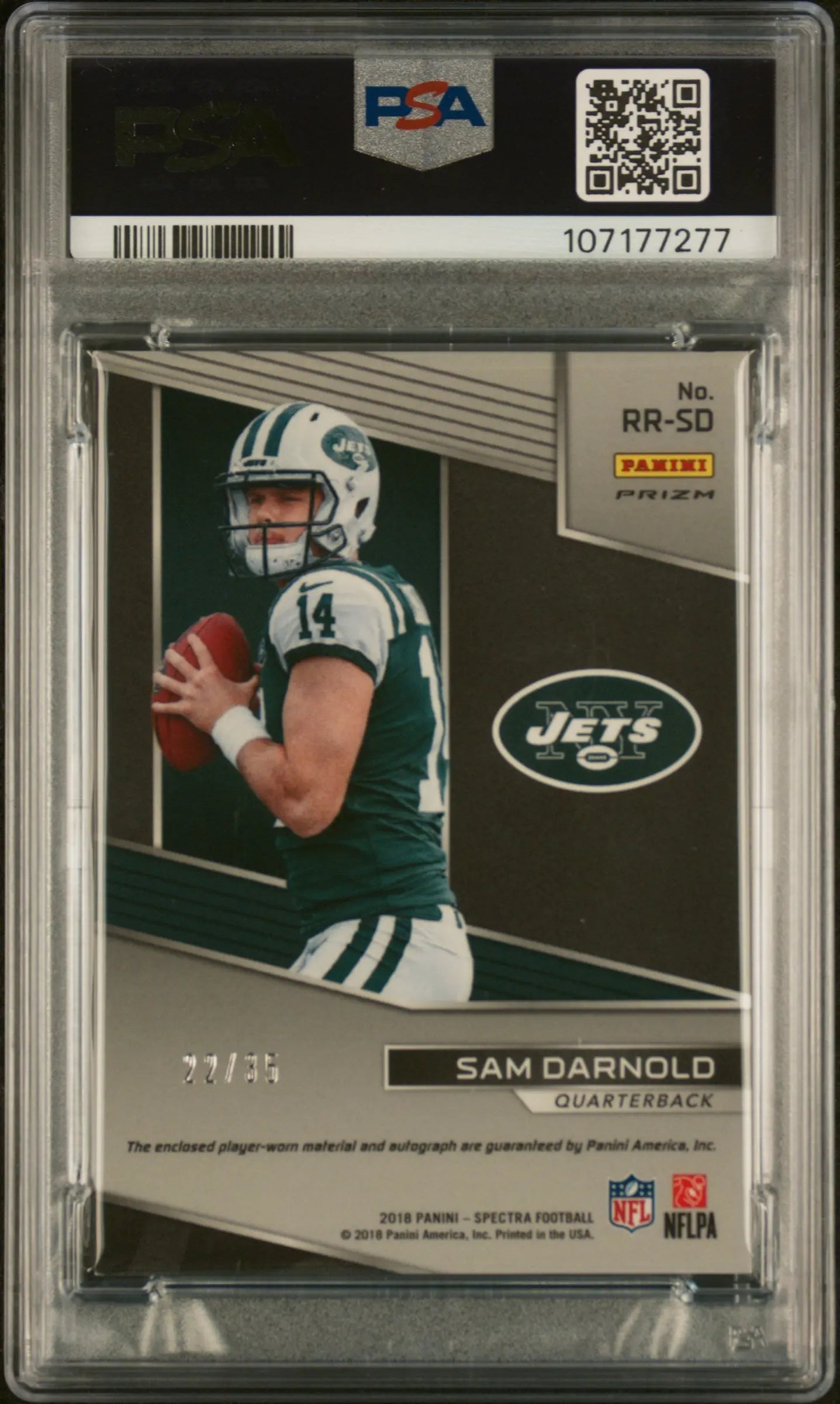 2018 Panini Spectra Radiant Rookie Patch Auto Sam Darnold PSA Authentic /35 - Rare Football Trading Card for Collectors & Sports Memorabilia Enthusiasts - Perfect for Display, Investment & Fantasy Sports Fans