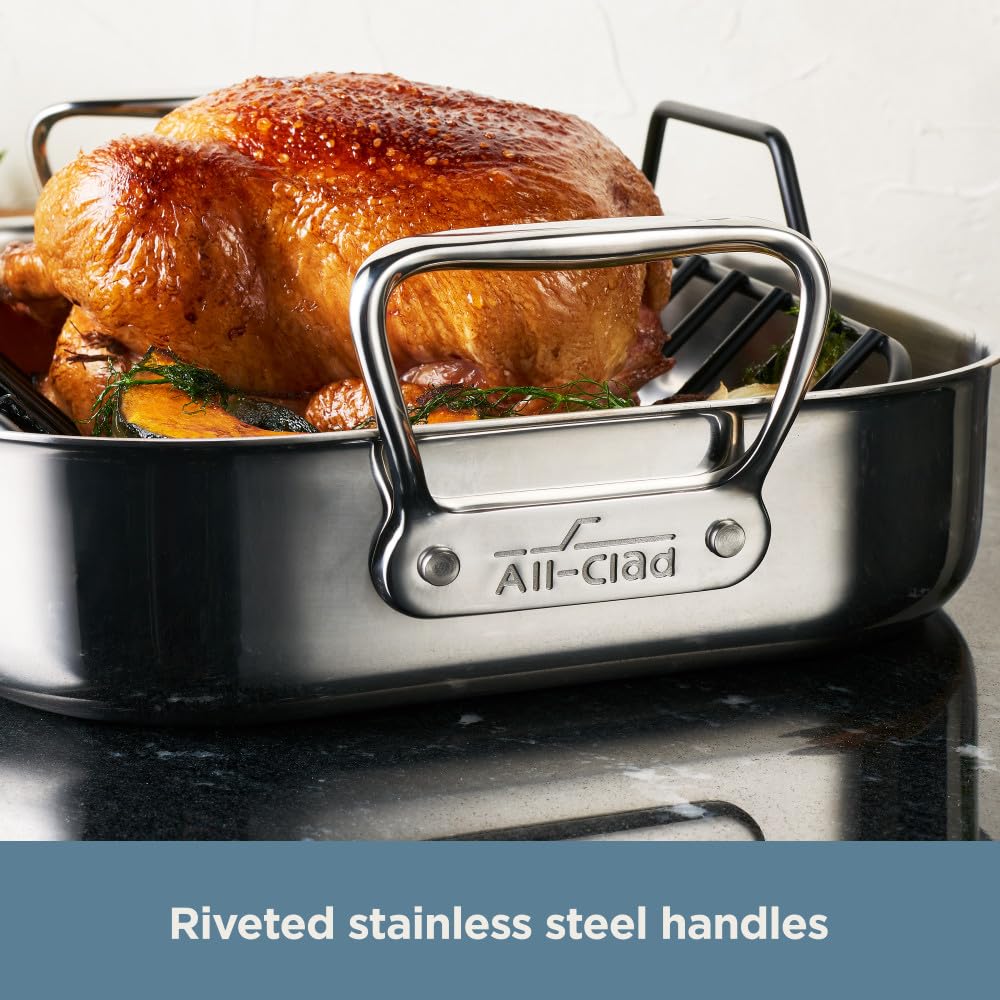 All-Clad Stainless Steel Roaster Pan with Nonstick Rack - 16x13x5 Inch Oven & Broiler Safe Up to 600°F - Perfect for Turkey, Roasts & Baking - Ideal for Holiday Dinners & Family Gatherings