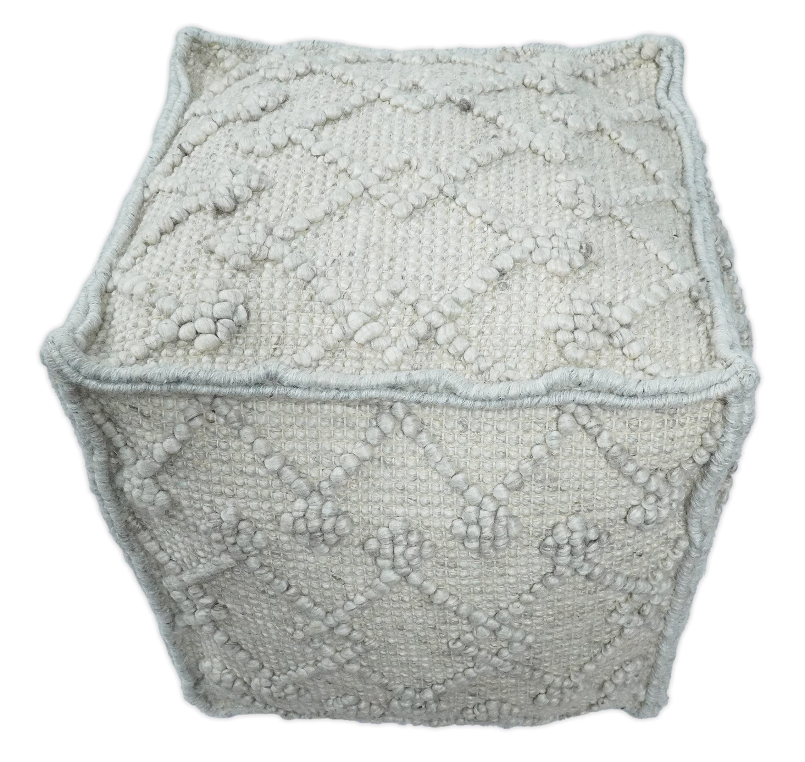 Boho Handwoven White Sand Pouf Ottoman - Wool Blend Tribal Design Footstool for Living Room, Couch Companion, Side Table & Cozy Home Decor