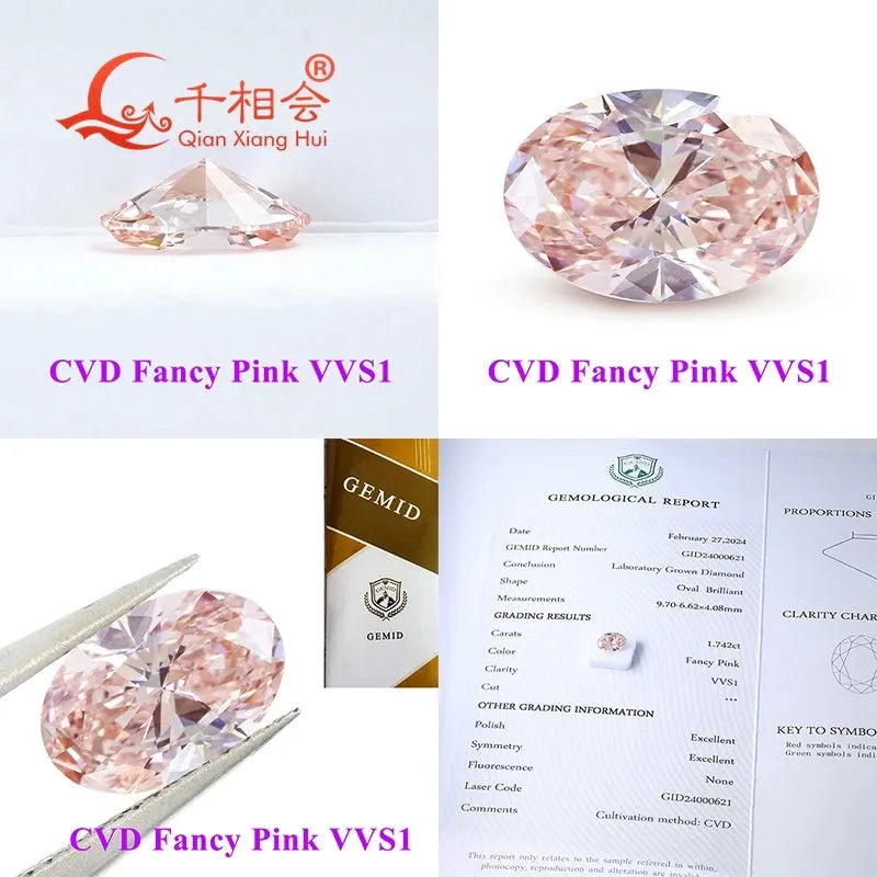 1.1ct & 1.58ct Fancy Light Pink CVD Lab Grown Diamond - Oval Shape, VS1 Clarity, GEMID Certified Loose Stone for Engagement Rings & Jewelry Making