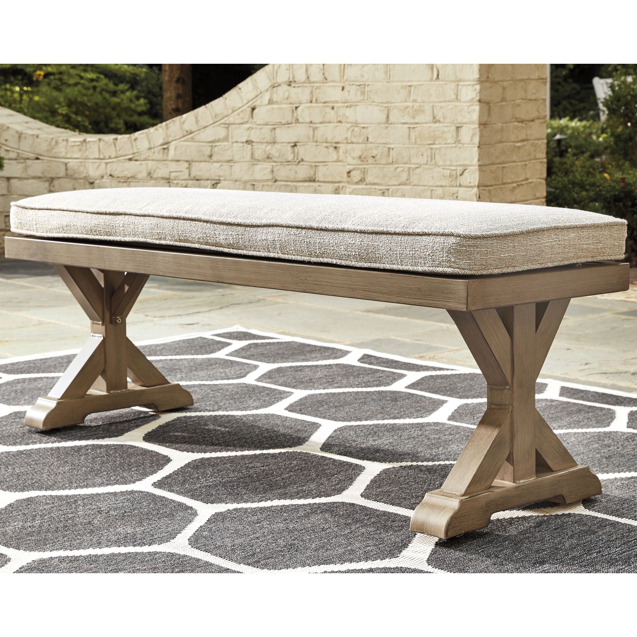 **Beachcroft Outdoor Bench with Cushion – Weather-Resistant Patio Furniture, Beige – Perfect for Garden, Porch, or Poolside Relaxation**