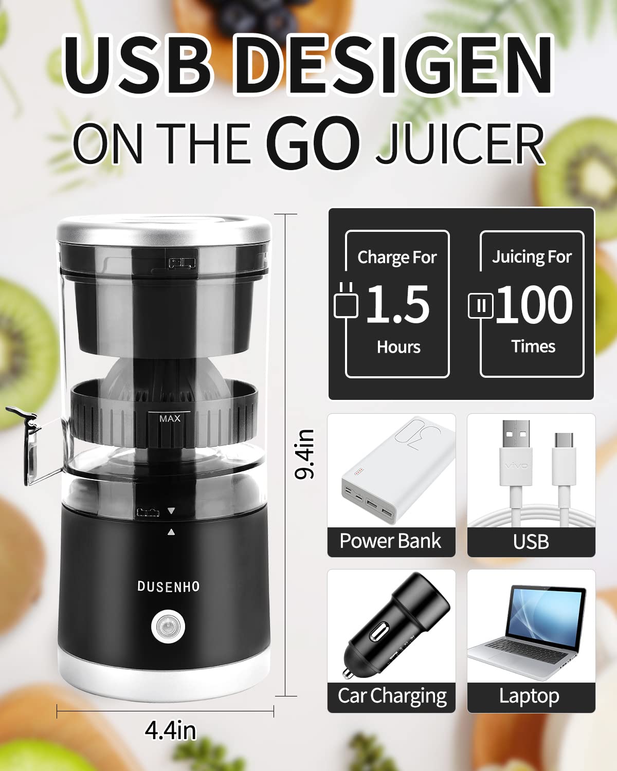 Rechargeable Citrus Juicer - Portable USB Electric Juicer for Oranges, Lemons & Grapefruits with Cleaning Brush | Perfect for Travel, Camping & Home Kitchen Use