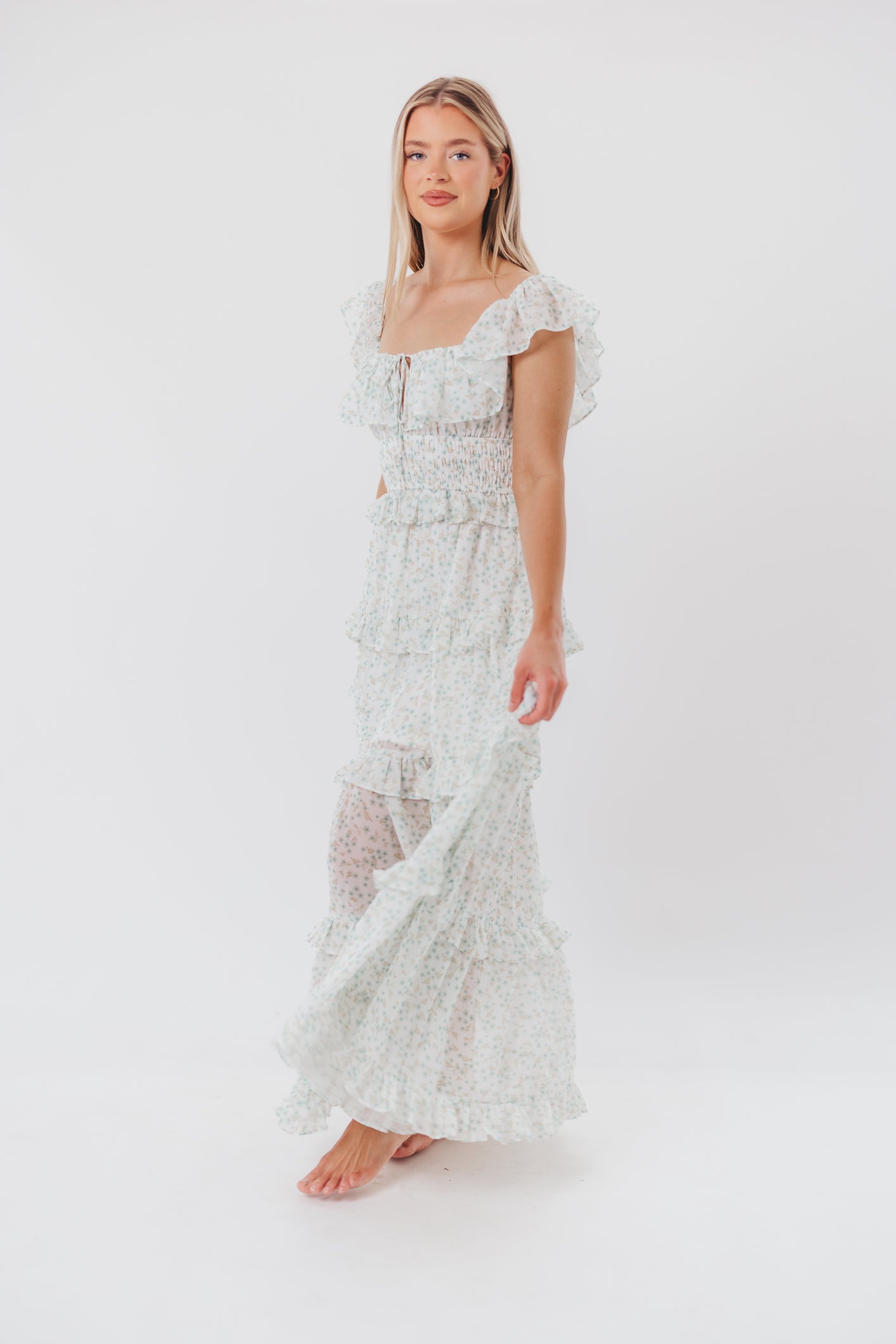 Astrid Ruffle Detail Maxi Dress in Sage Floral - Bump Friendly Maternity Dress for Pregnancy, Nursing & Special Occasions | Flowy Summer Dress for Beach, Wedding & Vacation