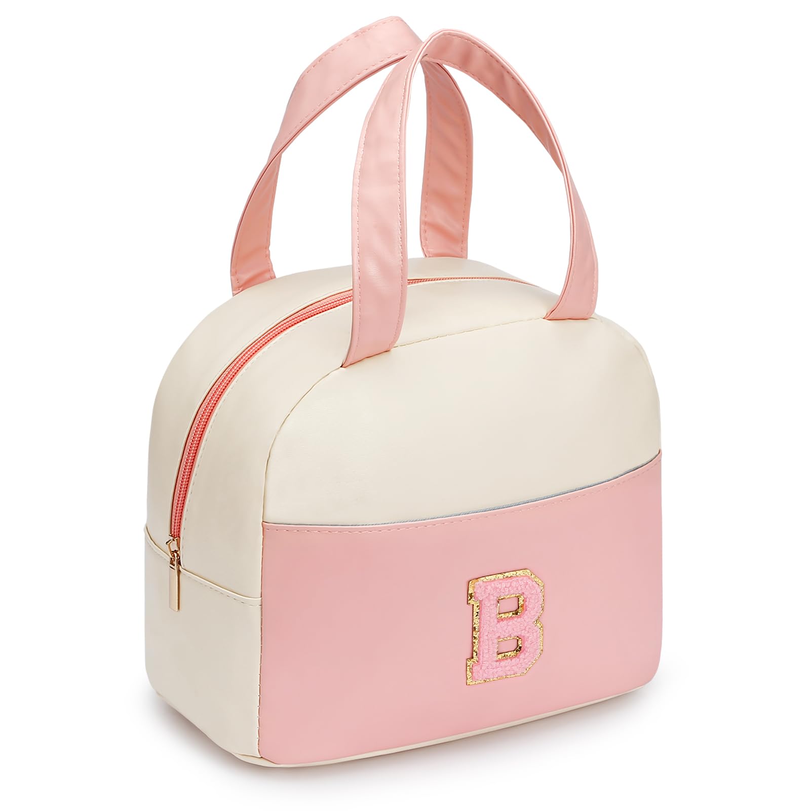 DIRGEE Insulated Lunch Bag for Women & Men - PU Leather Small Office Lunch Box with Chenille Letters, Leakproof & Freezable Cooler Bag - Reusable Portable Lunch Tote for Work, School, Picnics & Outdoor Activities