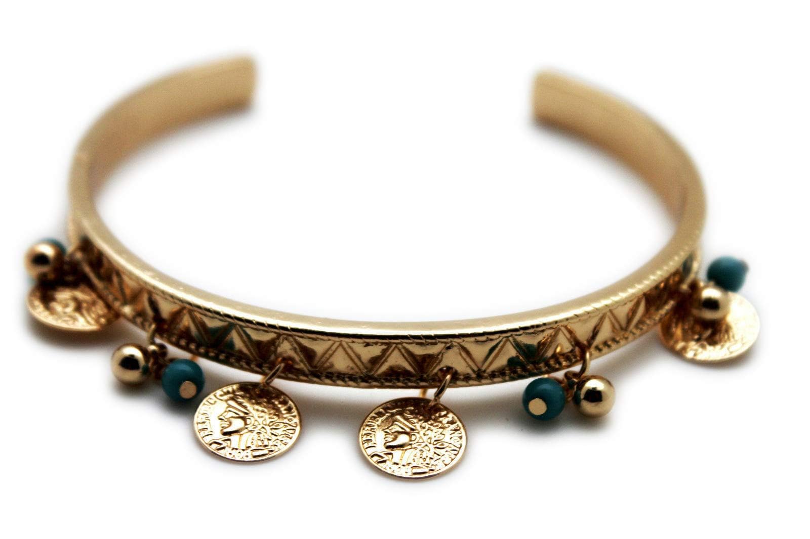 TFJ Women's Fashion Jewelry - Elegant Metal High Arm Cuff Bracelet with Gold Coins & Turquoise Beads, Wrap Around Bangle for Boho Chic Style - Perfect for Parties, Weddings and Festival Outfits