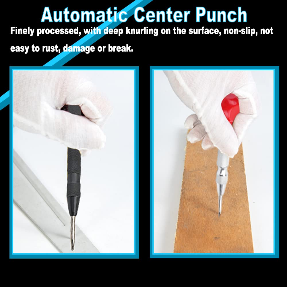 Utoolmart Automatic Center Punch - HSS Adjustable Spring Loaded Drill Tool for Wood, Metal & Plastic - Adjustable Impact Hand Tool (Black, 2-Piece Set) - Perfect for DIY Projects, Metalworking & Woodworking