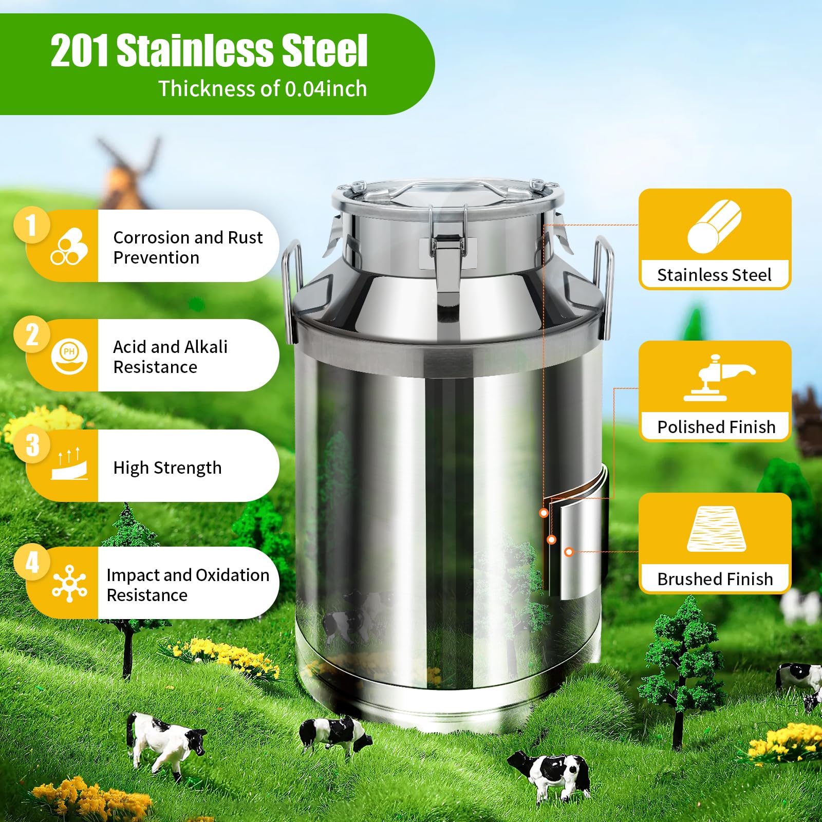 LOYALHEARTDY 60L/15.8 Gallon Stainless Steel Milk Can with Lid - Airtight Universal Metal Storage Jug for Liquids, Solids & Ice - Perfect for Kitchen, Restaurant, Camping & Farm Use