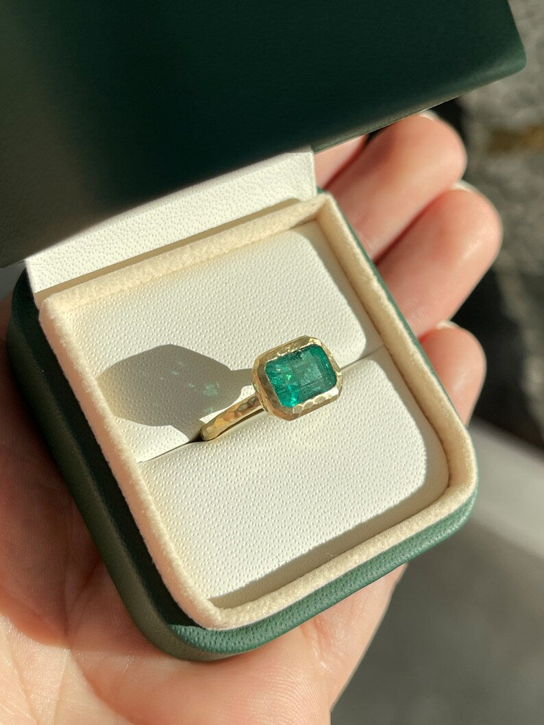 2.48ct 14K Matte Hammered Emerald Cut Solitaire Ring - Dark Green East to West Gemstone Jewelry for Women, Perfect for Engagement, Wedding, Anniversary & Everyday Elegance