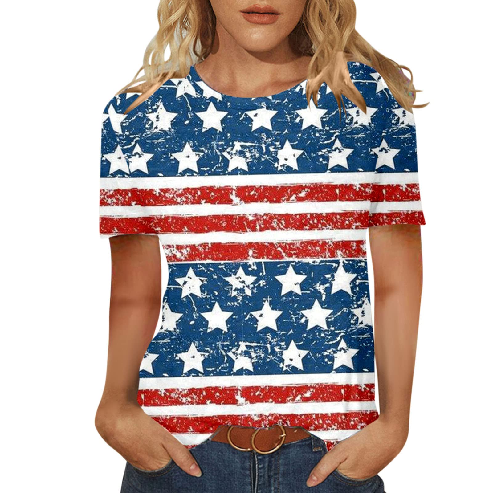 Women's Short Sleeve T-Shirts - Casual 4th of July Printed Tee, Summer Fashion Round Neck Top for Independence Day Celebrations, BBQ Parties & Everyday Wear