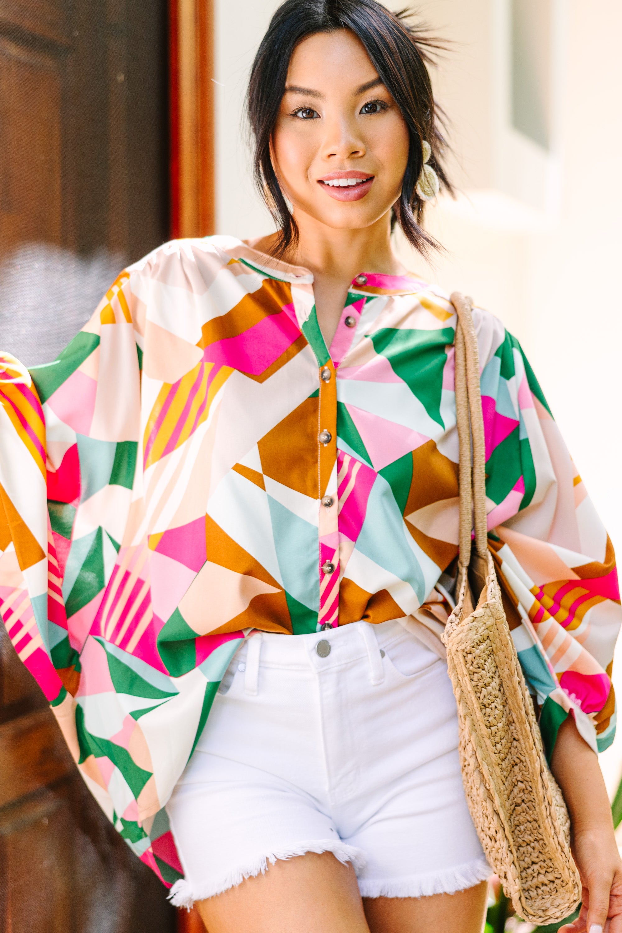 Fuchsia Pink Abstract Print Blouse for Women - Stylish & Comfortable Top for Casual Outings, Office Wear & Date Nights