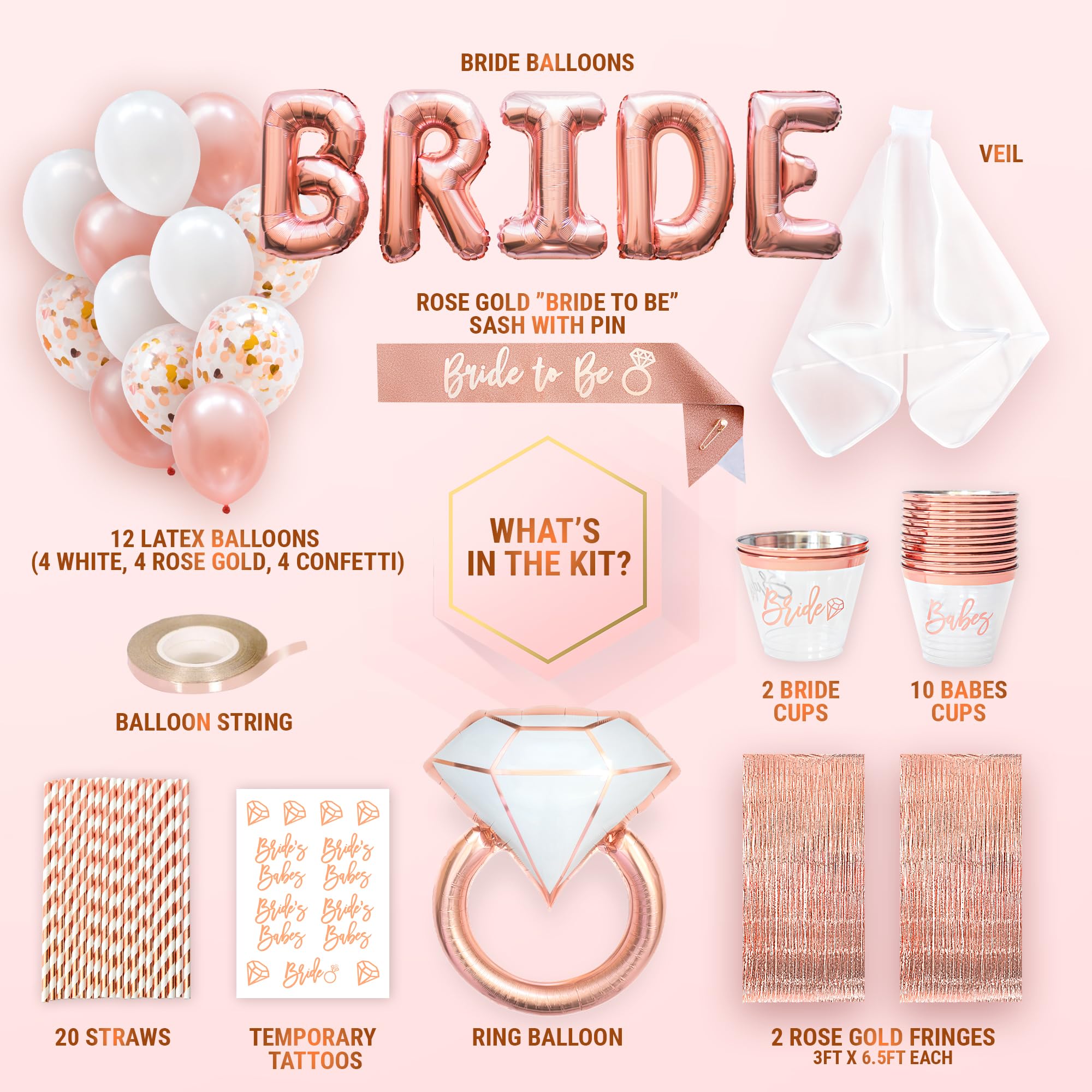 66-Piece Rose Gold Bachelorette Party Decorations Kit - Bridal Shower Decor Set with Bride Sash, Cups, Veil & Balloons - Premium Wedding Party Supplies for Bachelorette, Bridal Showers & Girls' Night Out