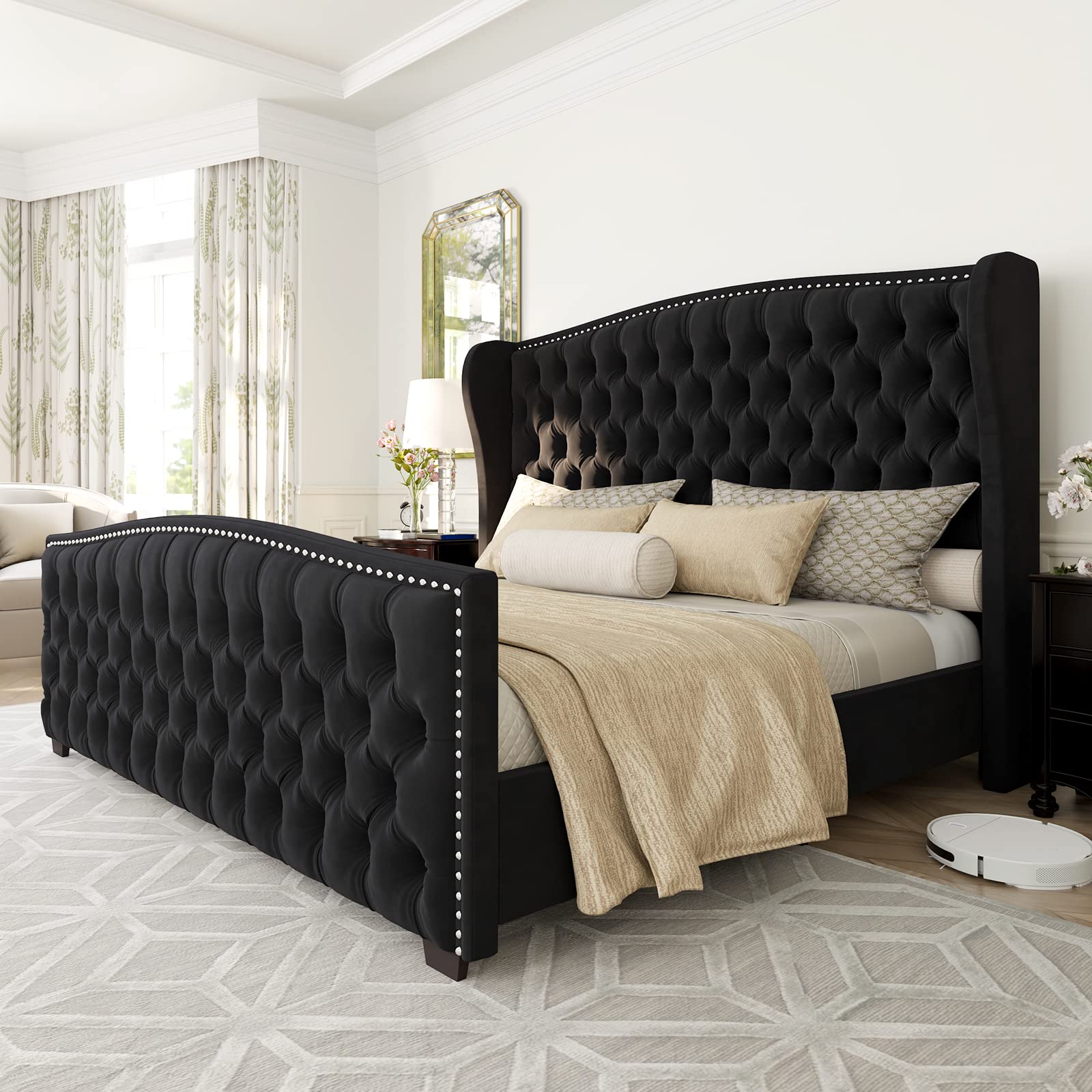 AMERLIFE Queen Size Velvet Upholstered Platform Bed Frame with Tufted Wingback Headboard & Nailhead Trim - No Box Spring Needed - Black - Perfect for Modern Bedrooms, Guest Rooms & Master Suites