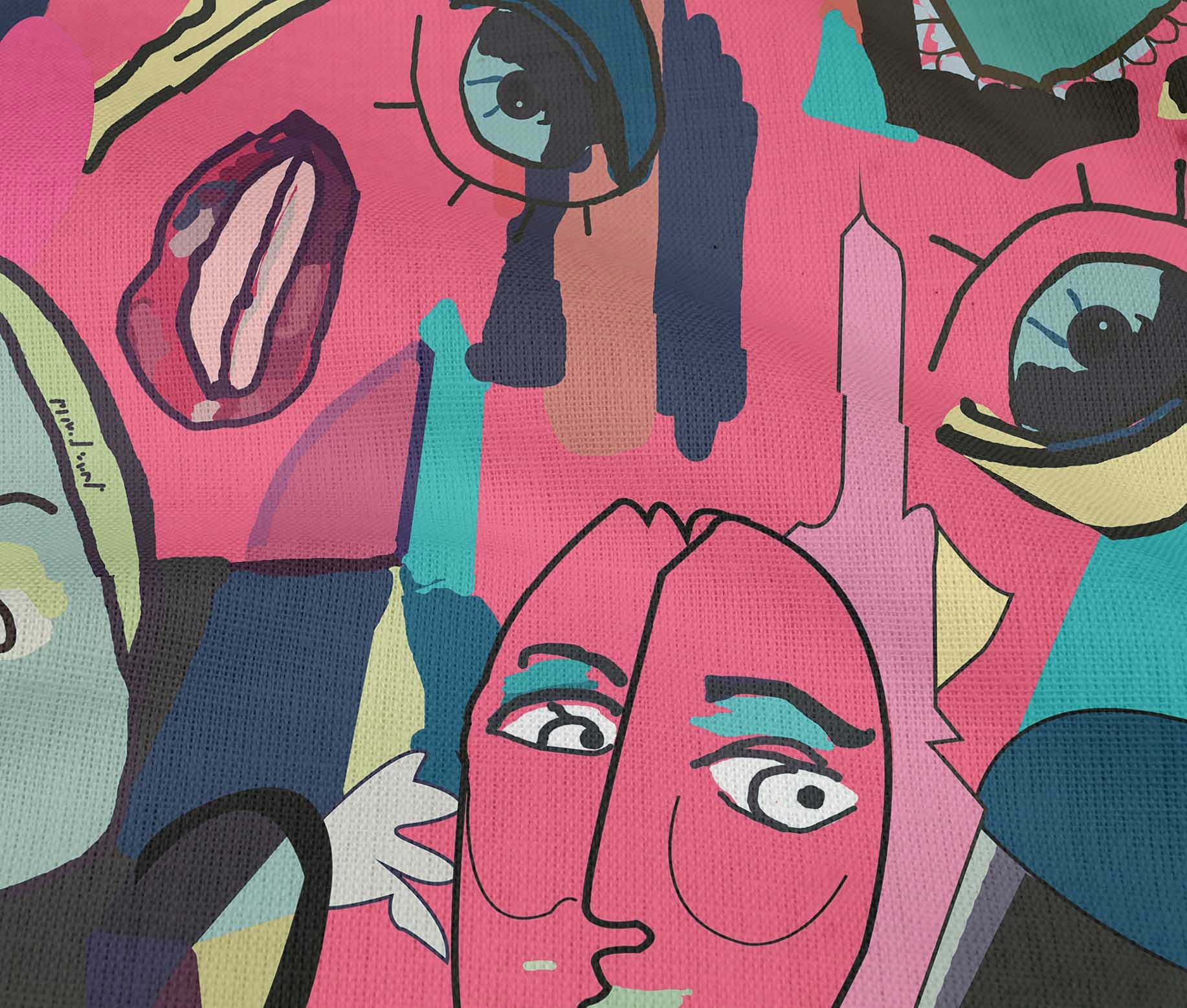 oneOone Cotton Flex Pink Abstract Comic Face Print Fabric by The Yard - 40 Inch Wide Soft Dress Material for DIY Fashion, Quilting & Home Decor Projects