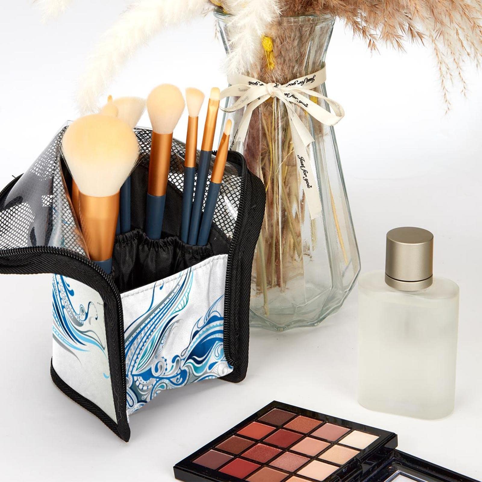 Premium Makeup Brush Organizer Bag with 12 Brushes - Blue Goldfish Print Cosmetic Brush Holder Case for Travel & Home Storage | Portable Makeup Brush Storage Solution for Artists & Professionals