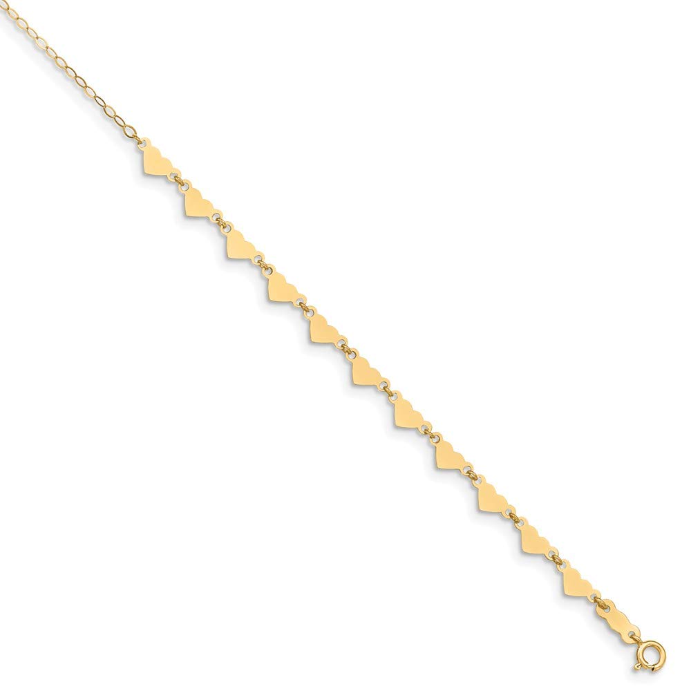 14k Yellow Gold Oval Link Ankle Bracelet with Hearts - Adjustable 9
