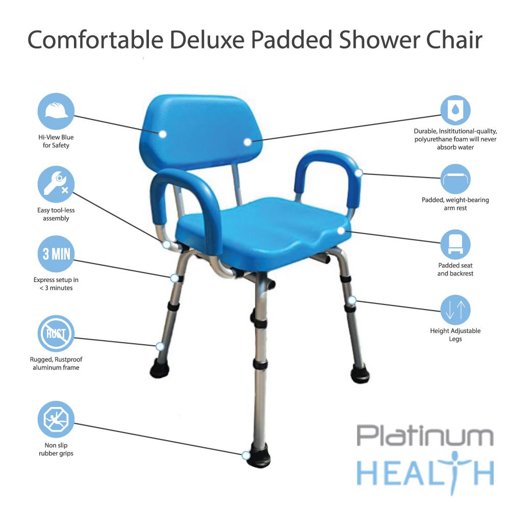 ComfortAble™ Deluxe Padded Bath Shower Chair with Armrests - Non-Slip & Adjustable Height for Elderly & Disabled Safety in Bathroom