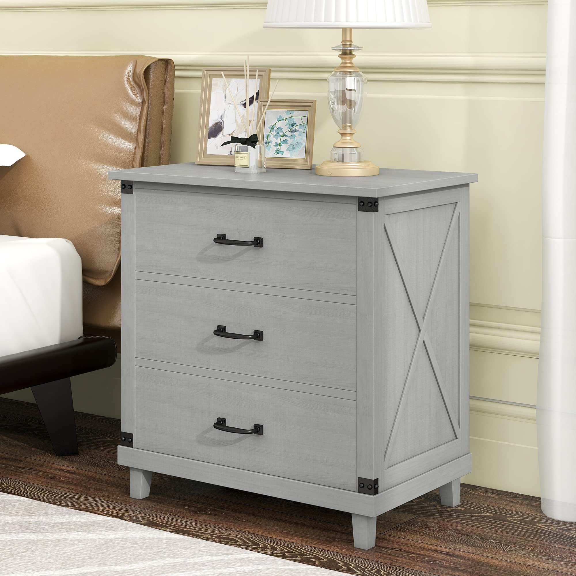 Modern Grey 3-Drawer Nightstand with Solid Pine Wood Legs - Bedside Dresser Storage Chest for Bedroom, Living Room, Closet & Entryway - Easy Assembly - Perfect for Small Spaces & Apartment Living