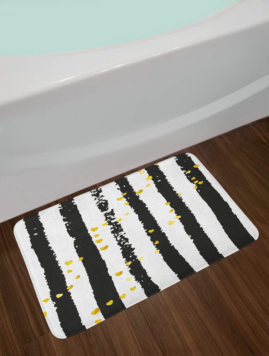 Ambesonne Abstract Bath Mat with Vertical Stripes & Golden Yellow Heart Shapes - Non-Slip Plush Bathroom Rug, 29.5x17.5 Inches, Charcoal Grey Earth Yellow White - Perfect for Modern Bathrooms, Guest Suites & Spa Retreats