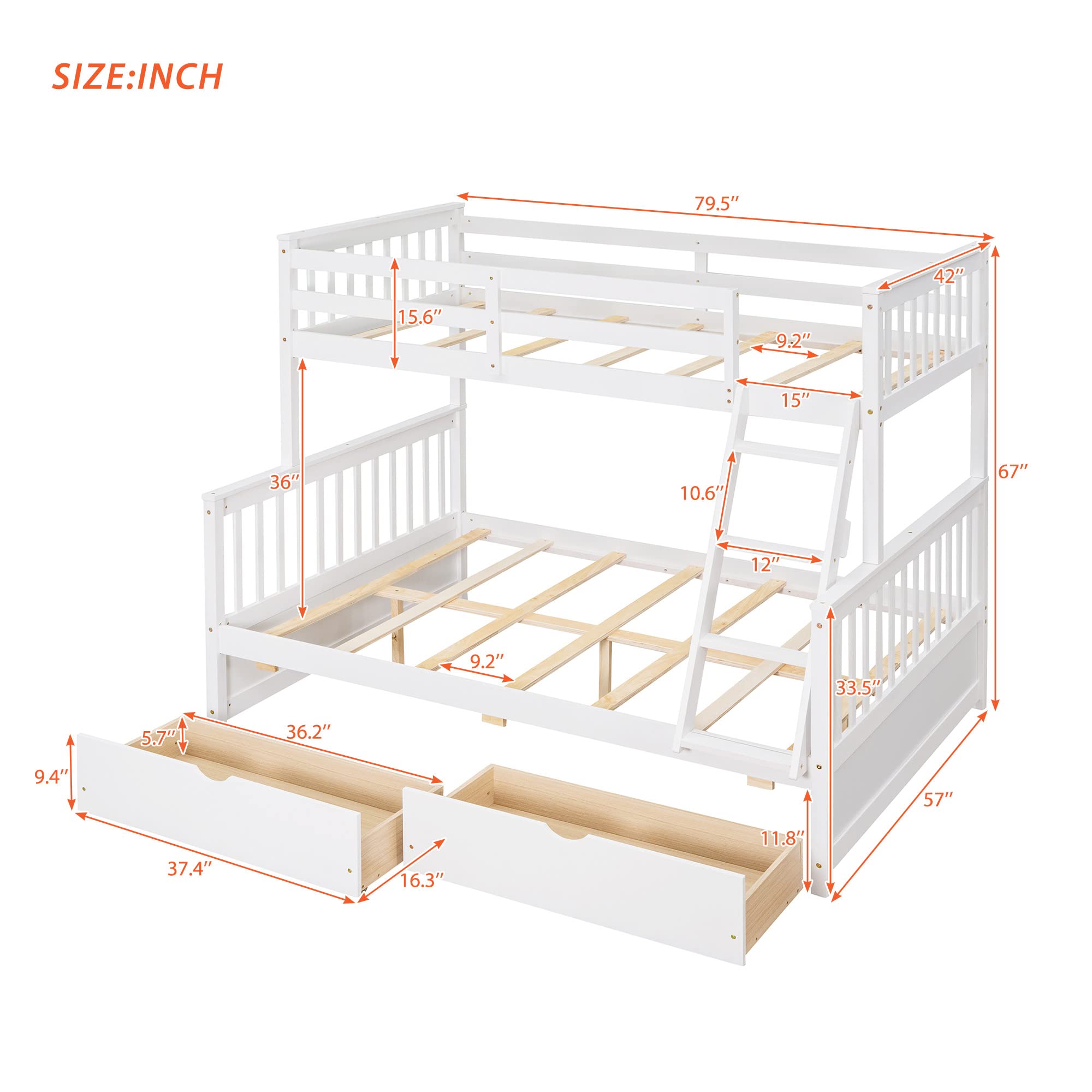 Twin Over Full Bunk Bed with 2 Storage Drawers - Solid Wood Bunk Bed Frame with Guardrails & Ladder for Kids, Teens & Adults - No Box Spring Needed - White - Perfect for Small Bedrooms, Guest Rooms & Vacation Homes