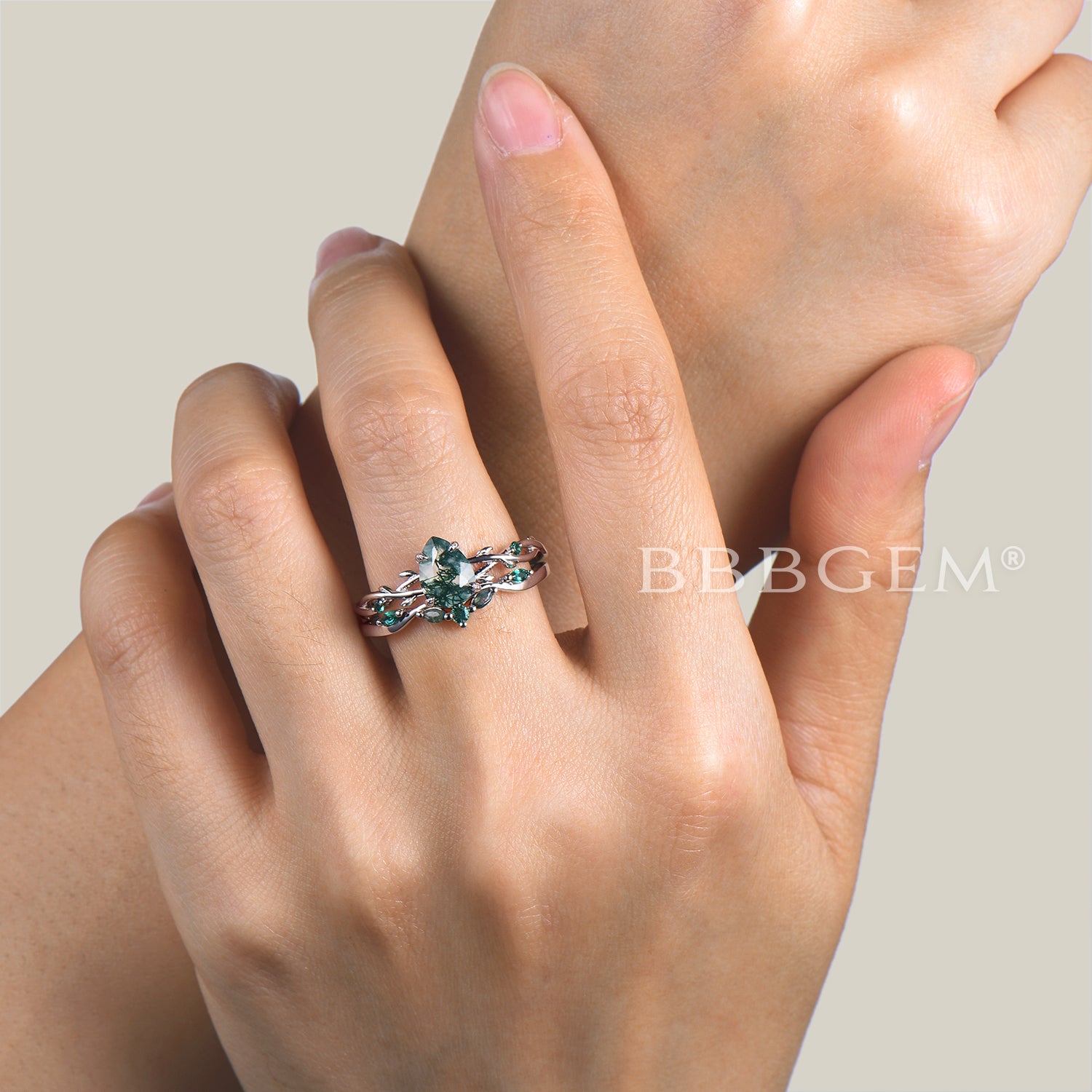 Nature Inspired Twisted Vine Moss Agate & Emerald Bridal Ring Set | Wedding, Engagement, Anniversary Jewelry Gift for Her