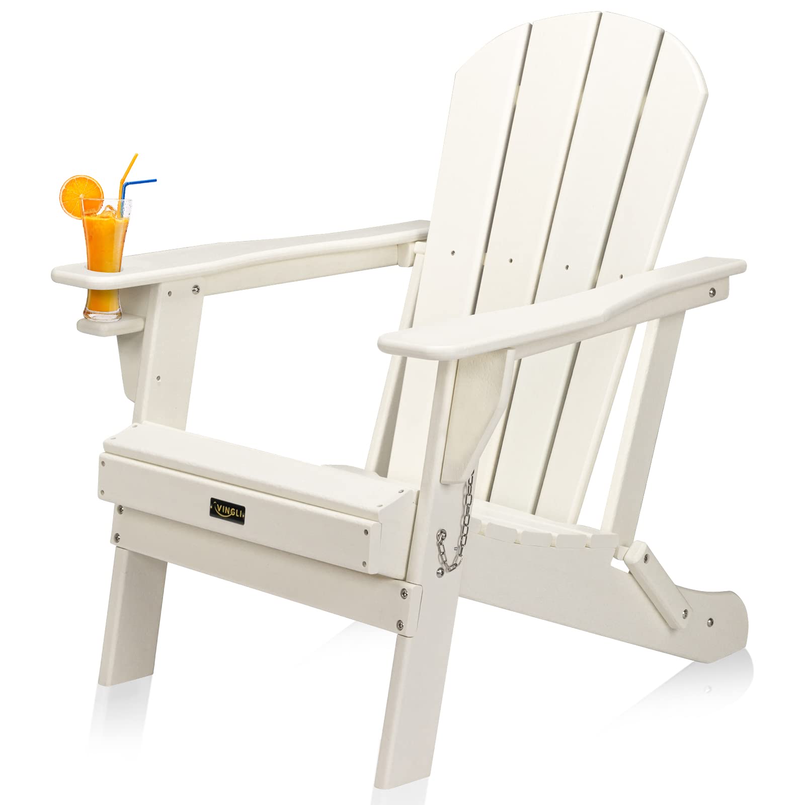 VINGLI Folding Adirondack Chair with Cup Holder - 100% Recyclable Waterproof HDPE Plastic Outdoor Lounge Chair - 380lb Weight Capacity - Perfect for Poolside, Patio, Lawn, Garden & Firepit Relaxation (White)