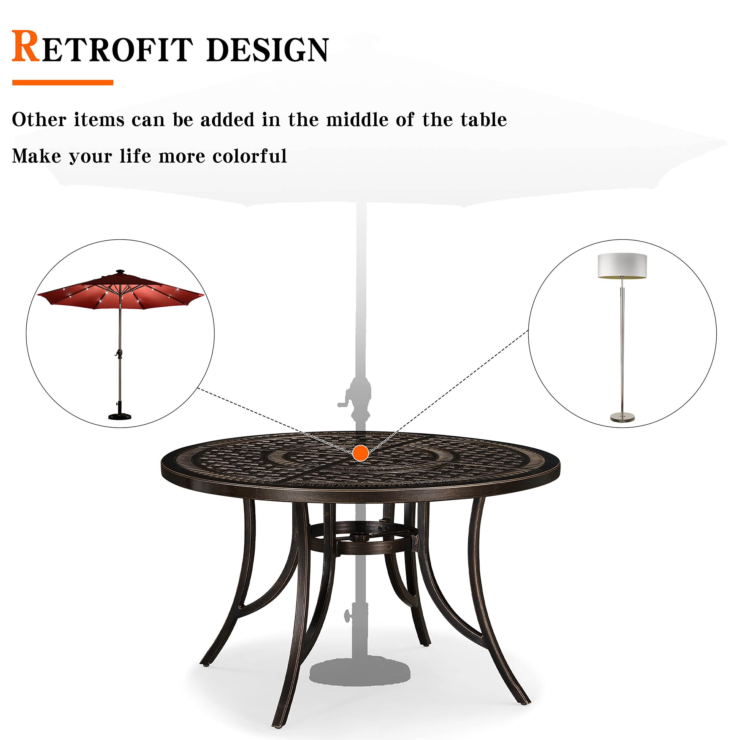 PURPLE LEAF 47 Inch Outdoor Round Dining Table - Weather-Resistant Cast Aluminum Patio Table with Umbrella Hole for Backyard, Lawn, Balcony & Deck - Perfect for Outdoor Dining, Entertaining & Relaxing