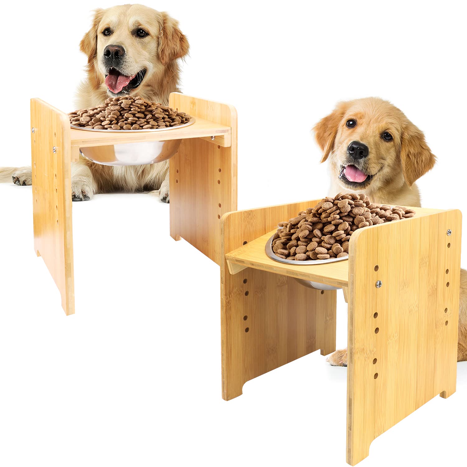 FOREYY Elevated Pet Bowls Set of 2 - Bamboo Raised Cat and Small Dog Food Water Bowls with Stainless Steel Inserts & Non-Slip Feet - Perfect for Comfortable Feeding, Joint Health and Mess-Free Dining (Large Size)