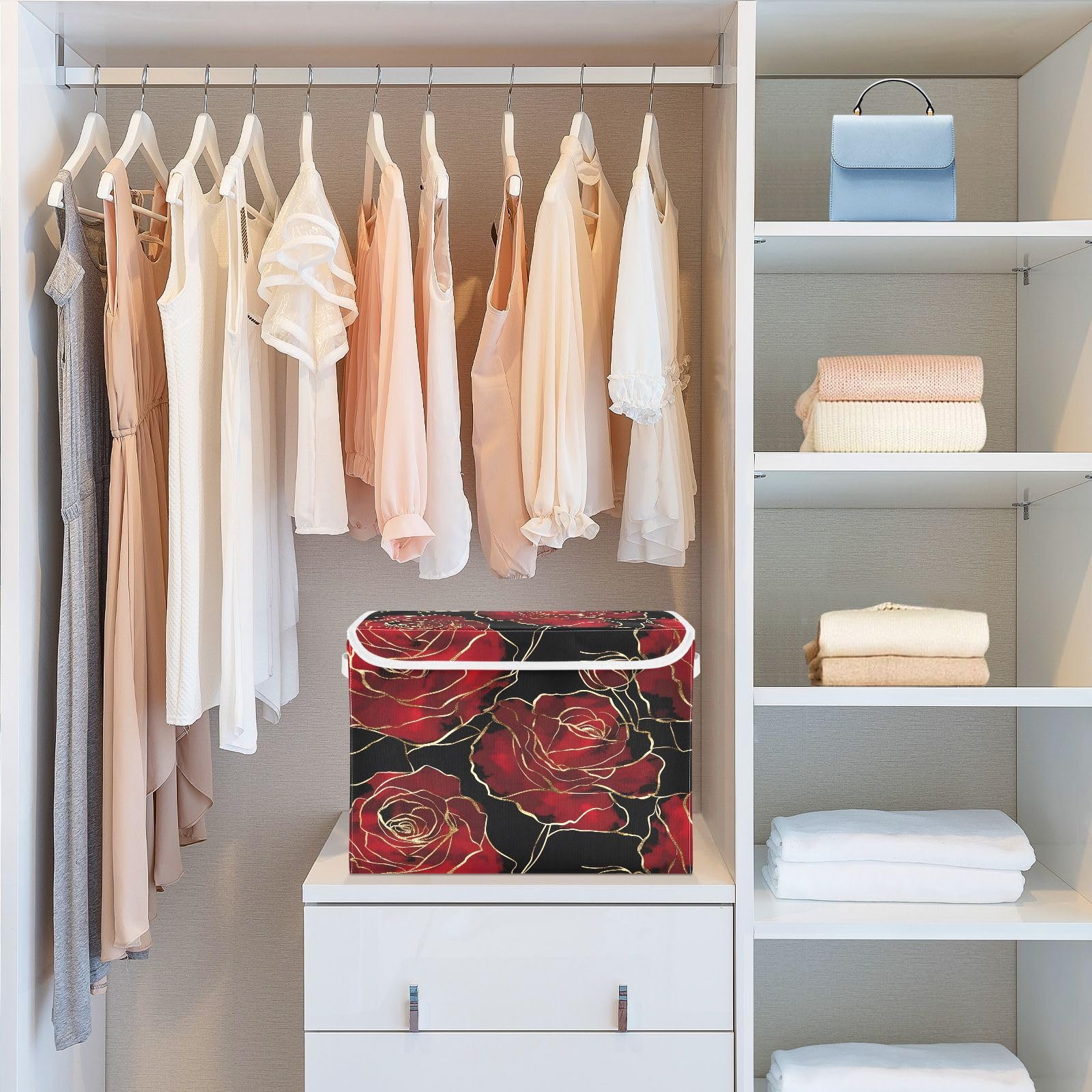 Golden Red Rose Fabric Foldable Storage Bins with Lids - Collapsible Organizer Baskets for Home, Bedroom, Closet & Office - Perfect for Clothes, Toys, Blankets & Home Organization