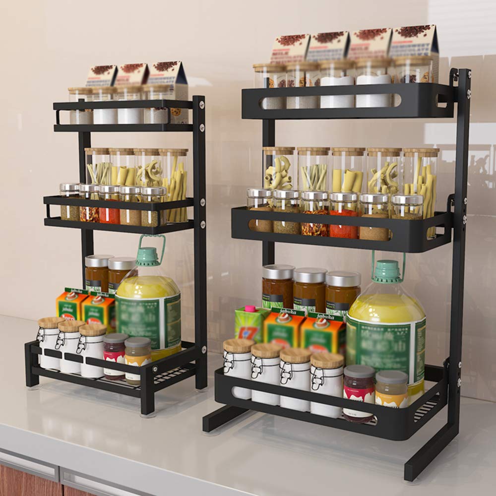 EXCLUZO 2-Tier Spice Rack Organizer - Countertop Storage Shelf for Spice Jars, Bottles & Utensils - Freestanding Kitchen Organizer with Removable Hooks - Perfect for Pantry, Cabinet & Countertop Organization
