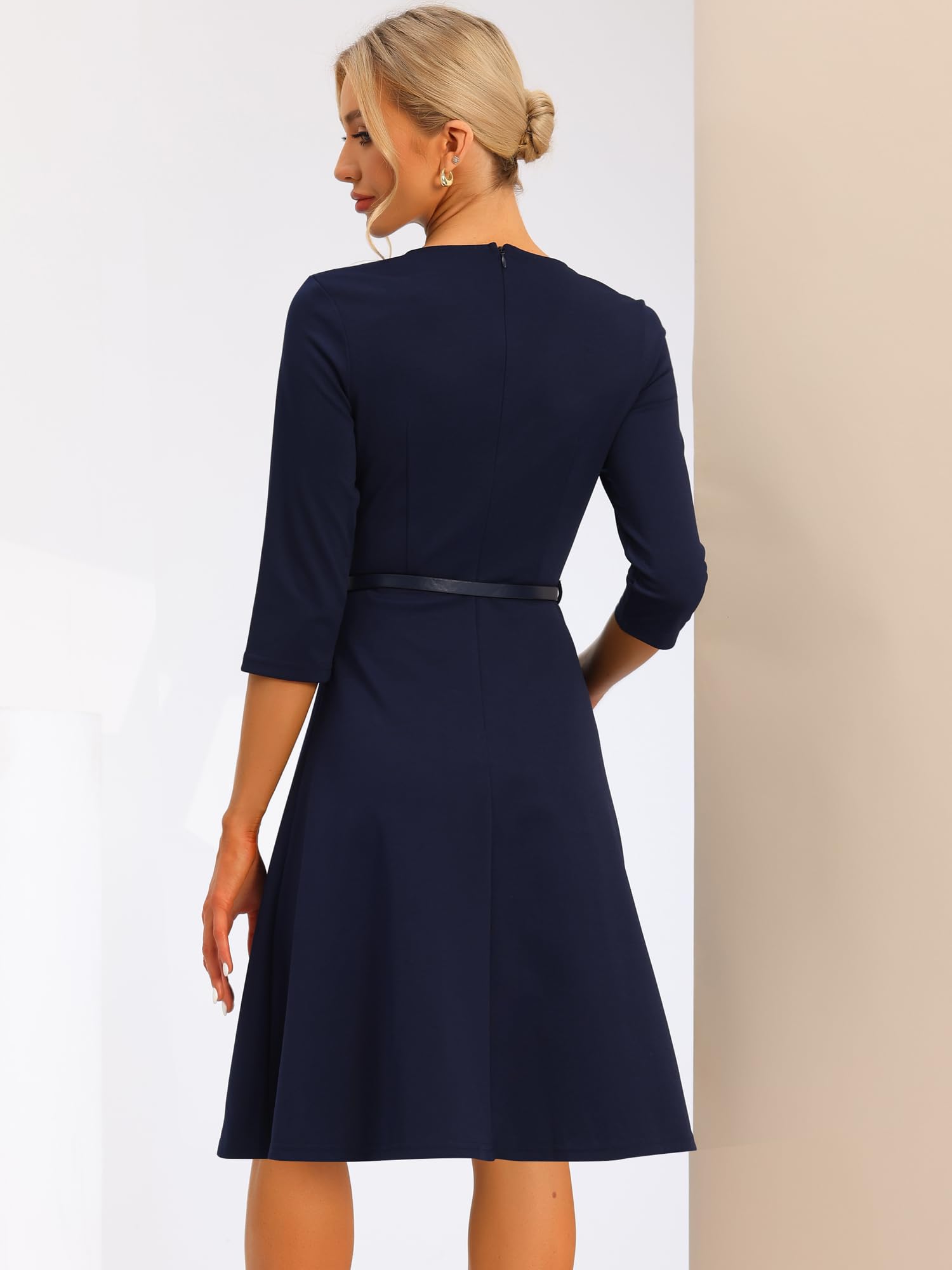 Allegra K Women's V-Neck Cocktail Dress - Knee Length Evening Gown with Half Sleeves & Belt for Parties, Weddings & Special Occasions