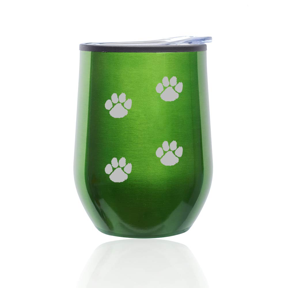 Insulated Stemless Wine Tumbler with Lid - 16oz Glass Coffee Travel Mug for Hot & Cold Drinks, Leak-Proof Paw Print Design (Green) - Perfect for Hiking, Camping, Office & Outdoor Activities