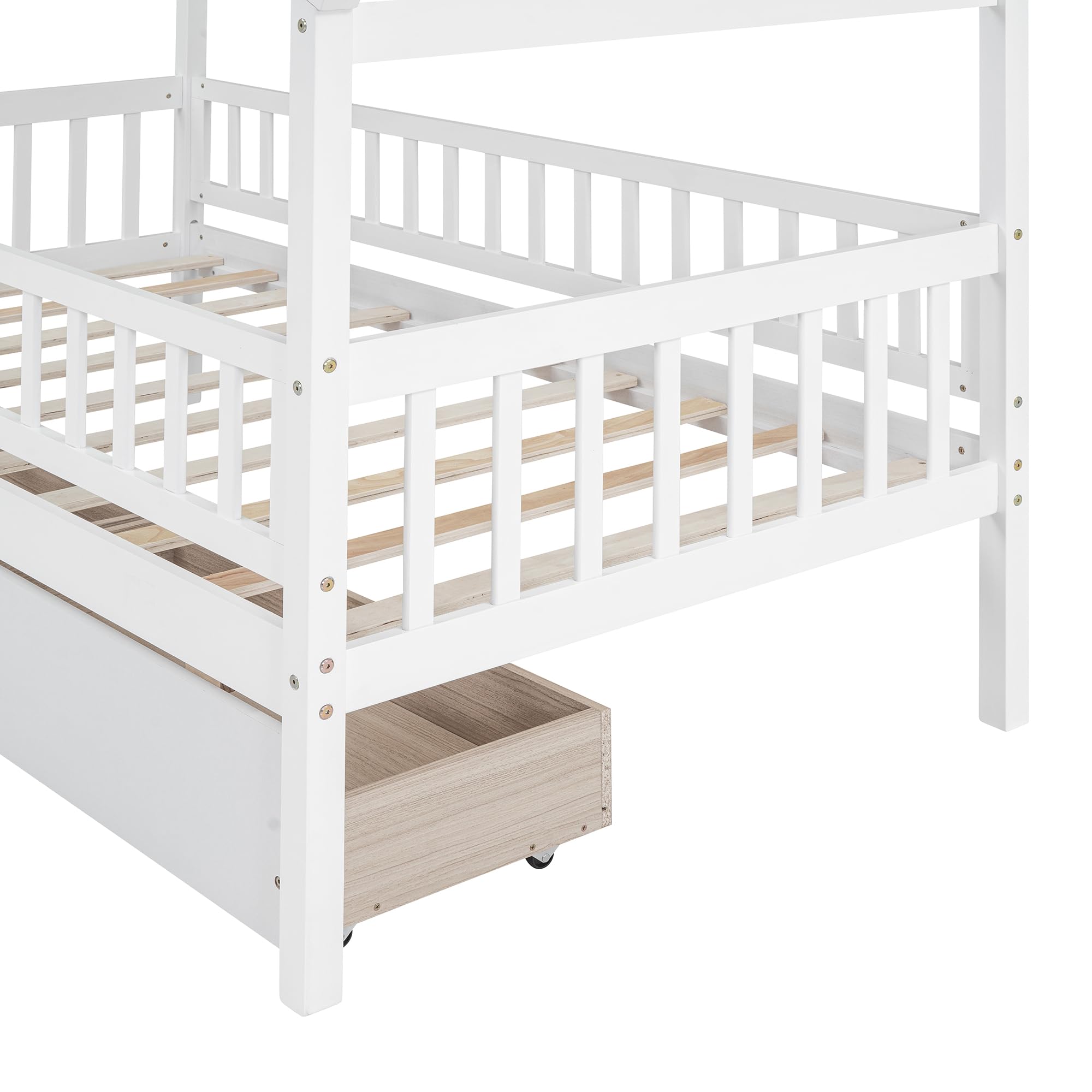 Harper & Bright Designs Twin Size Wooden House Bed for Kids with 2 Storage Drawers - Montessori Bed Frame with Roof & Safety Rails - Perfect for Boys & Girls Bedrooms (White) - Ideal for Small Spaces, Playrooms & Montessori Learning Environments