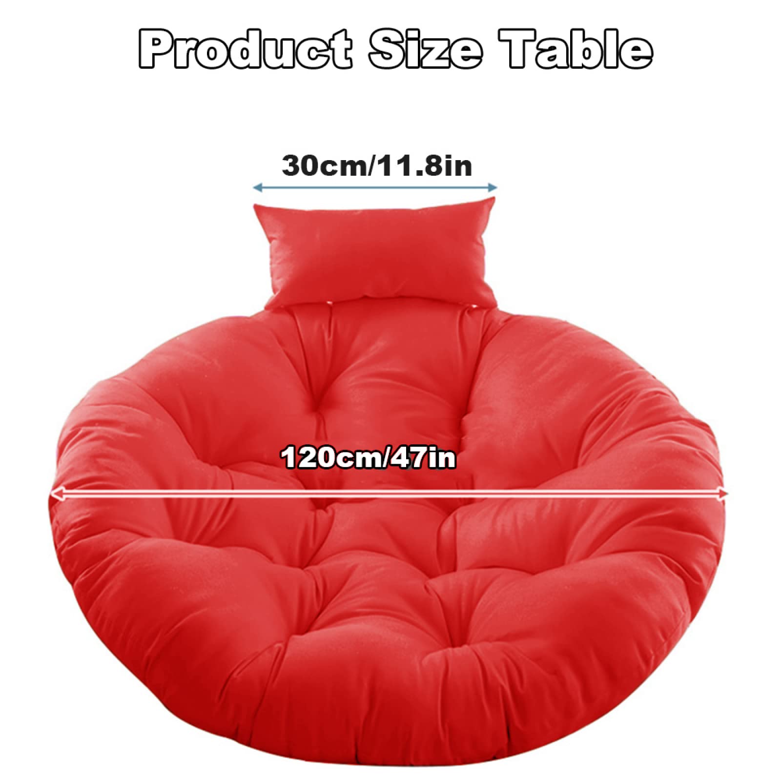 Washable Round Hanging Egg Chair Cushion Replacement - Thick Large Indoor/Outdoor Rattan Chair Pad with Adjustable Pillow (Red, 120cm/47in) - Perfect for Patio, Garden, Balcony & Lounge Decor