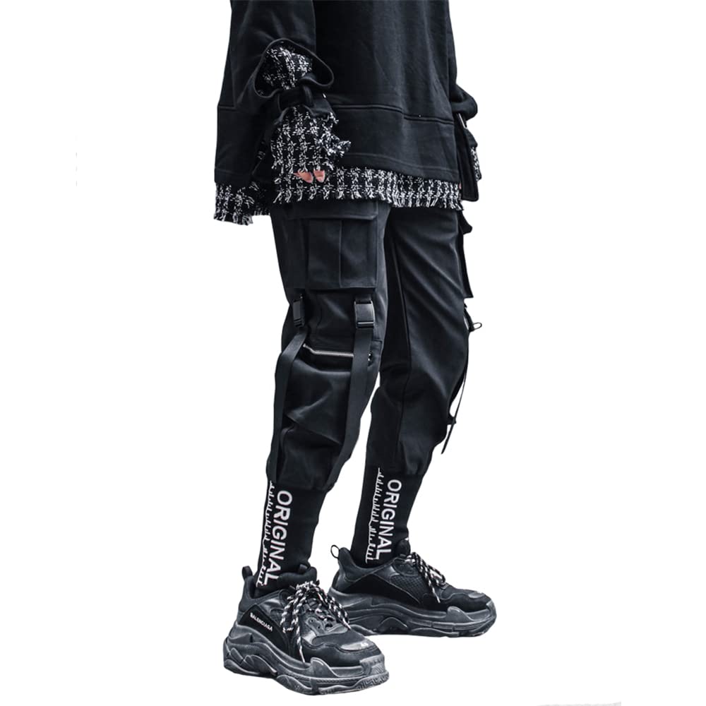Men's Cargo Joggers - Tactical Pants with Multiple Pockets | Hip Hop Streetwear | Black Techwear Jogging Pants for Outdoor, Gym & Casual Wear