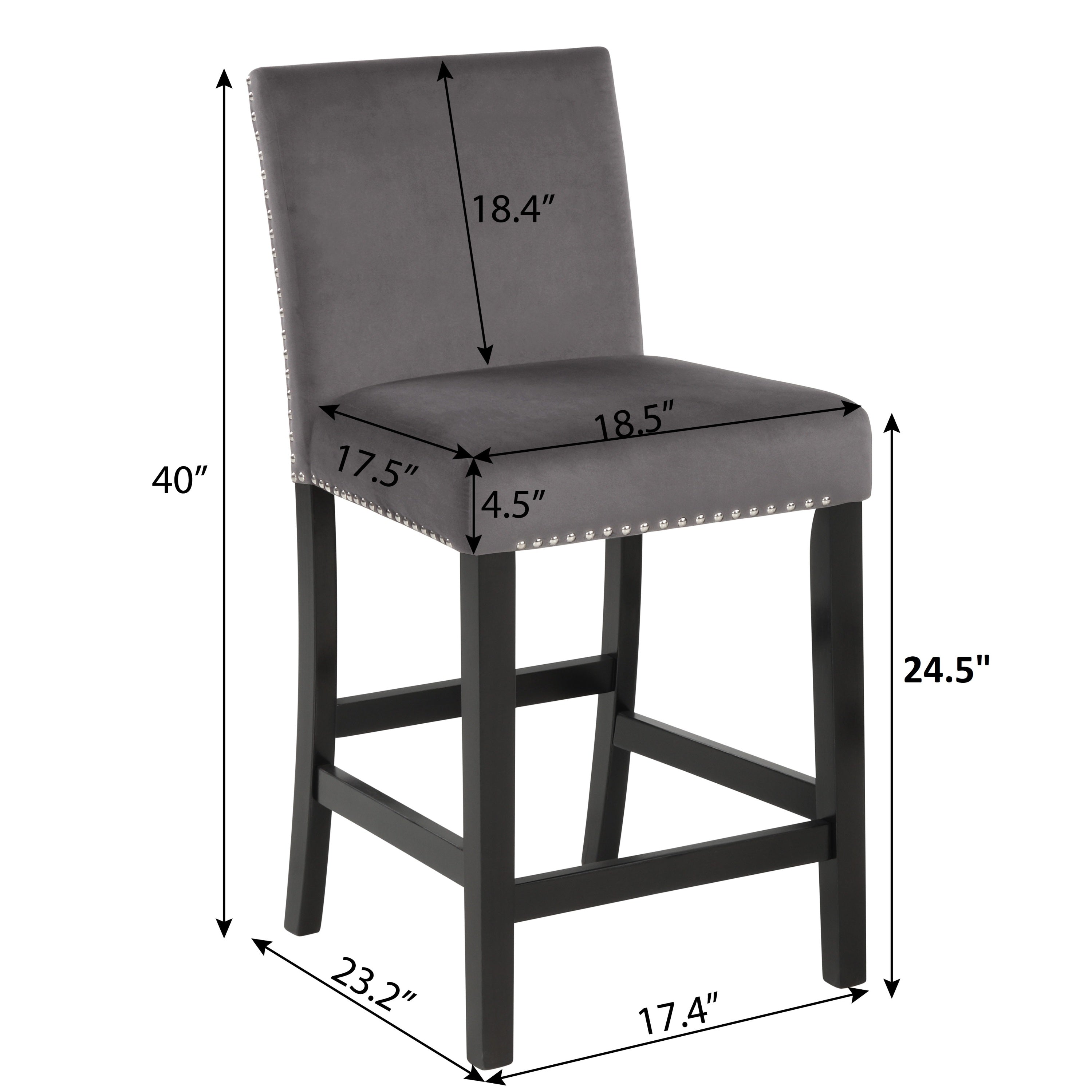 Modern Velvet Counter Stools with Nailhead Trim - Set of 2, Gray - Perfect for Kitchen Islands, Breakfast Bars & Home Decor