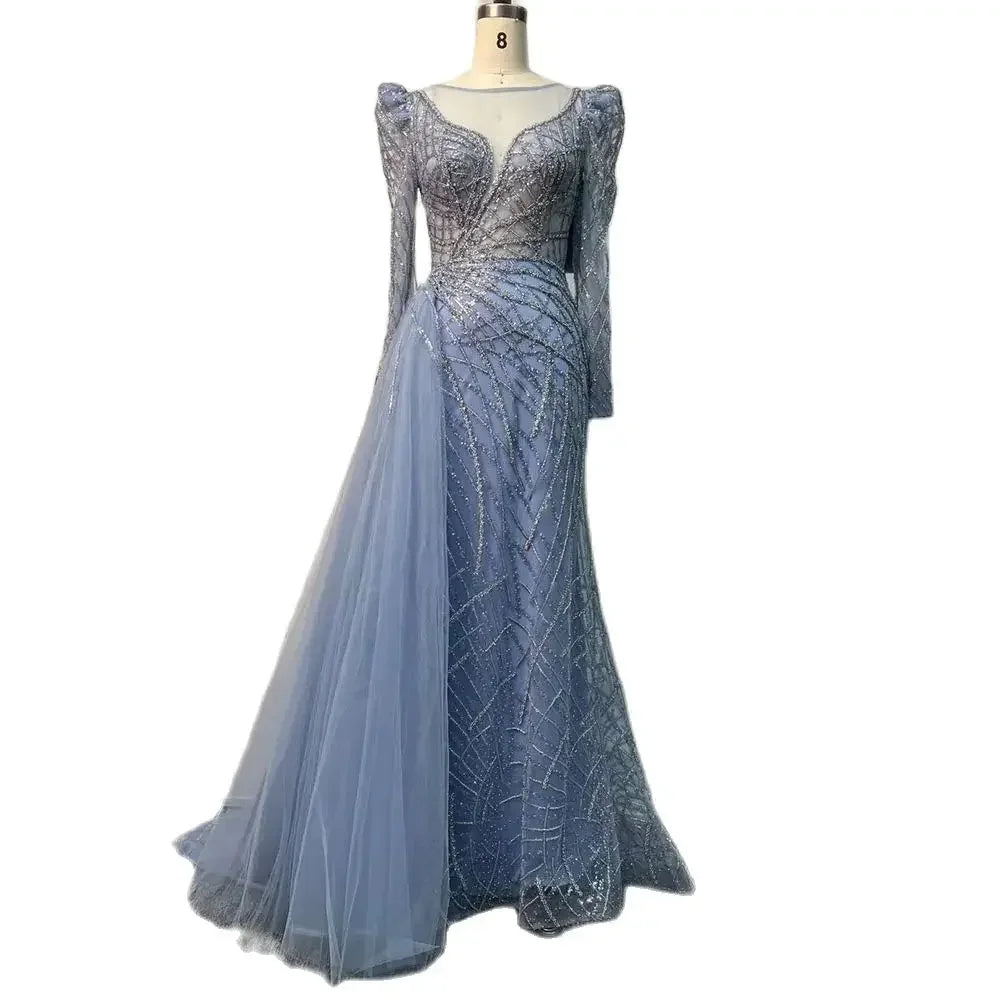 Luxury Muslim Gold Mermaid Evening Dress with Beaded Details & Overskirt - Dubai Style Formal Gown for Women 2025 (LA72206) | Perfect for Weddings, Galas & Special Occasions
