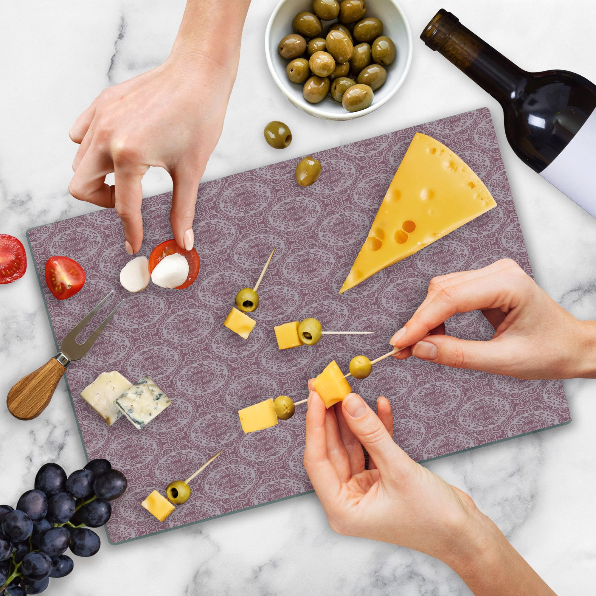 Ambesonne Damask Tempered Glass Cutting Board - Monochrome Floral and Circle Design - Large Decorative Serving Board for Kitchen, Charcuterie, and Cheese Platters - Dried Rose and Rose Theme - Perfect for Entertaining and Home Decor