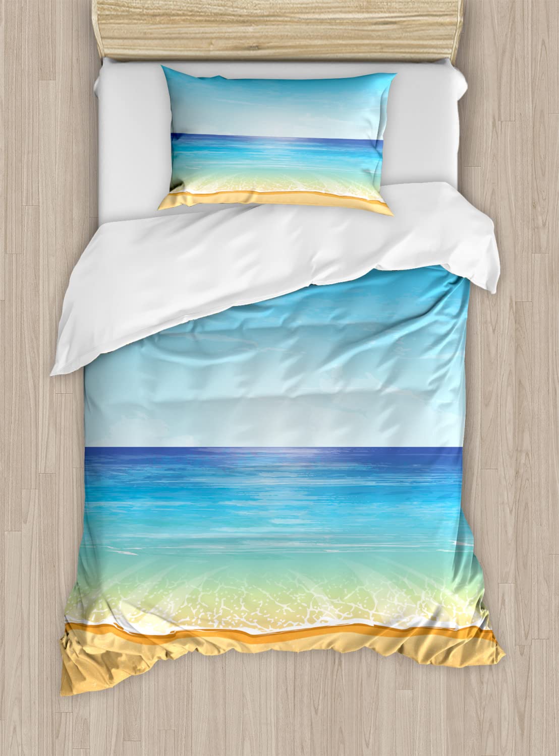 Ambesonne Ocean Duvet Cover Set - Tropical Beach Design with Sand & Waves, Summer Coastal Bedding (2-Pack Twin Size, Cream & Turquoise) | Perfect for Beach House Decor, Guest Room & Vacation Themed Bedrooms