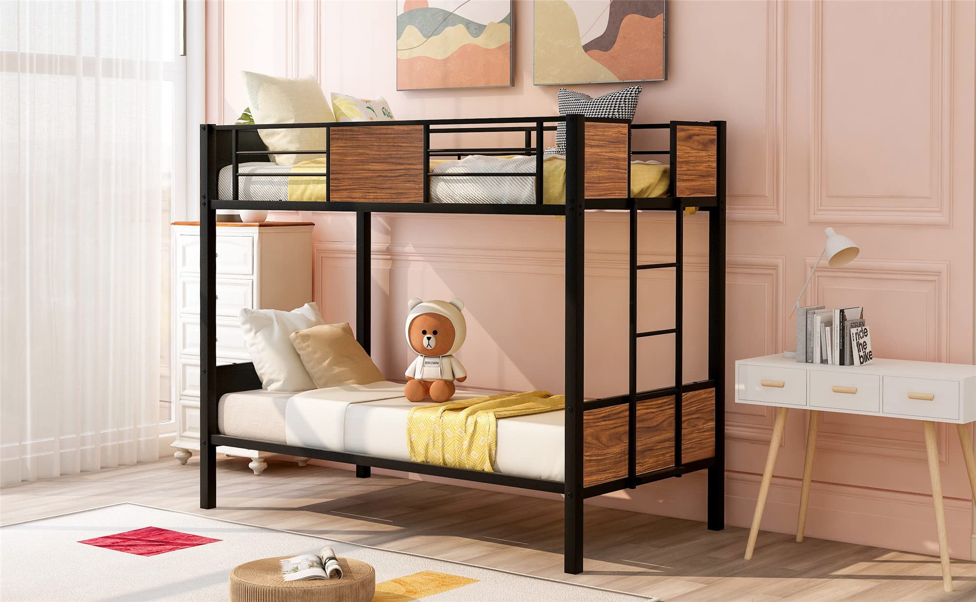 Modern Twin-Over-Twin Metal Bunk Bed with Safety Rail & Ladder - Sturdy Steel Frame Bunk Bed for Kids, Teens & Adults - Perfect for Small Bedrooms, Dorm Rooms & Guest Rooms