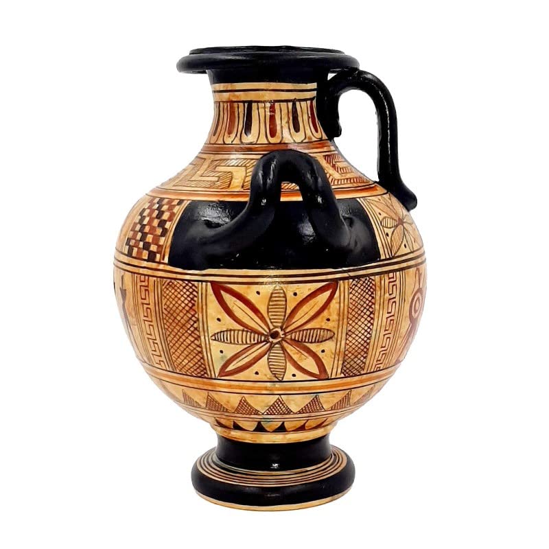 Ancient Greek Geometric Hydria Vase - 16cm Handcrafted Ceramic Pottery with 3 Handles - Perfect for Home Decor, Wedding Centerpieces & Museum-Quality Collectibles