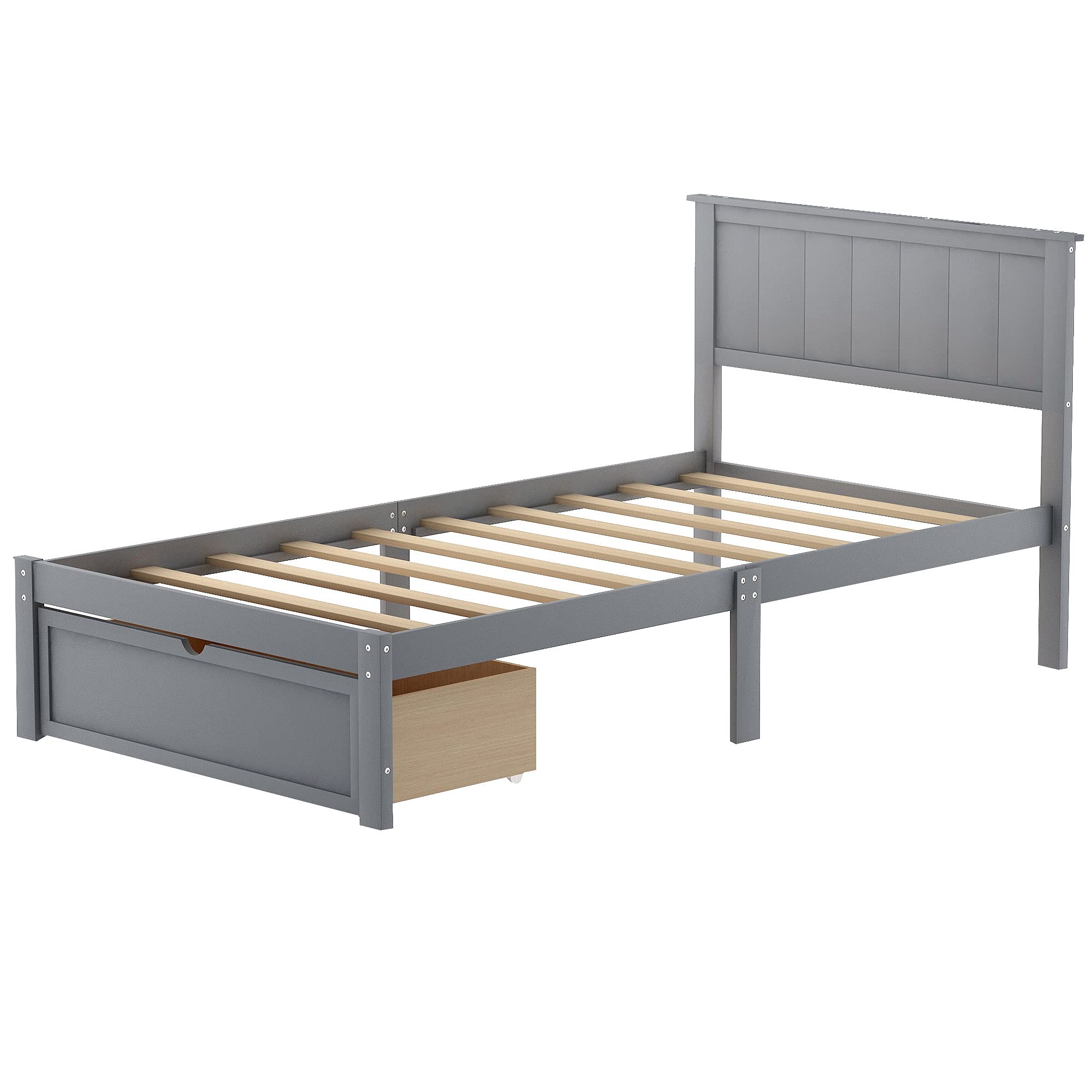 Platform Twin Size Bed Frame with Storage Drawer & Headboard - Solid Wood Platform Bed with Wooden Slat Support - No Box Spring Needed - Perfect for Kids Bedroom, Guest Room or Small Spaces (Gray)