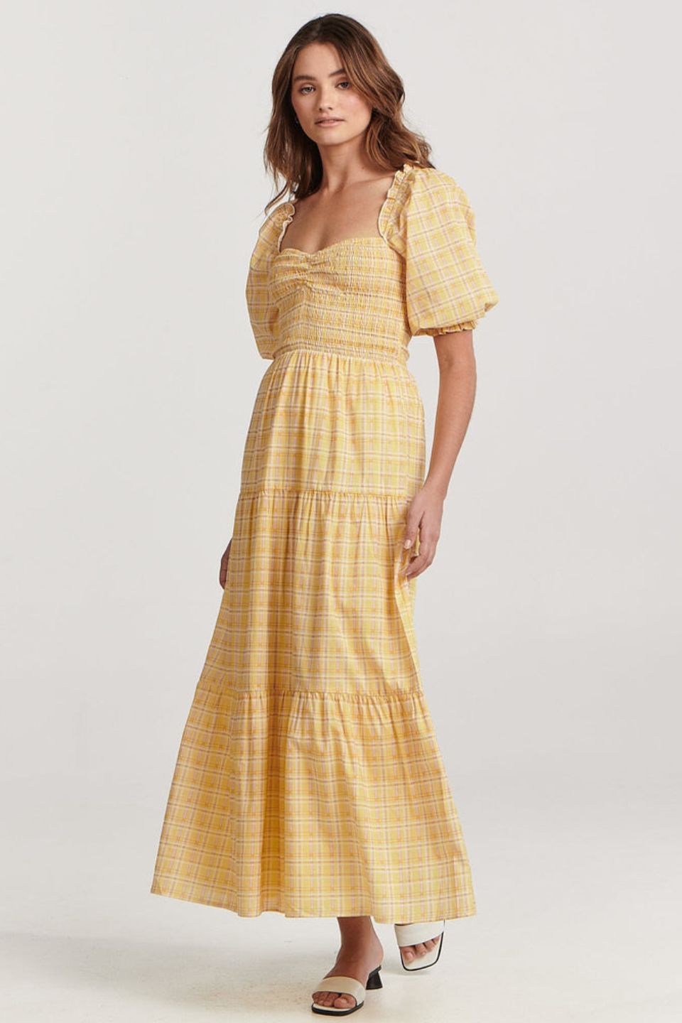 Elena Yellow Puff Sleeve Tiered Midi Dress for Women - Flowy Summer Dress with Ruffles - Perfect for Beach, Wedding & Party Occasions
