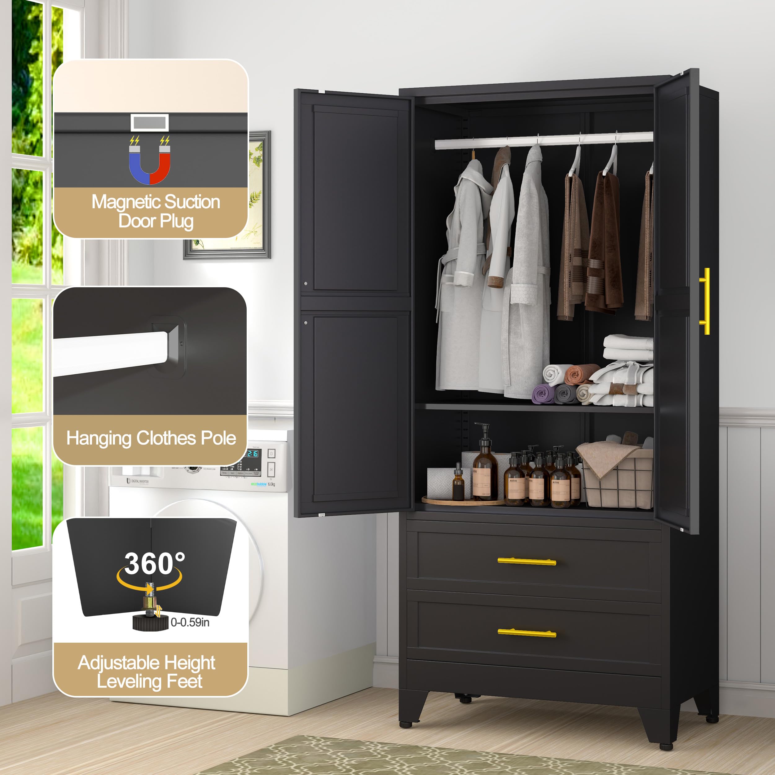 Black Steel Armoire Wardrobe Closet - 71
