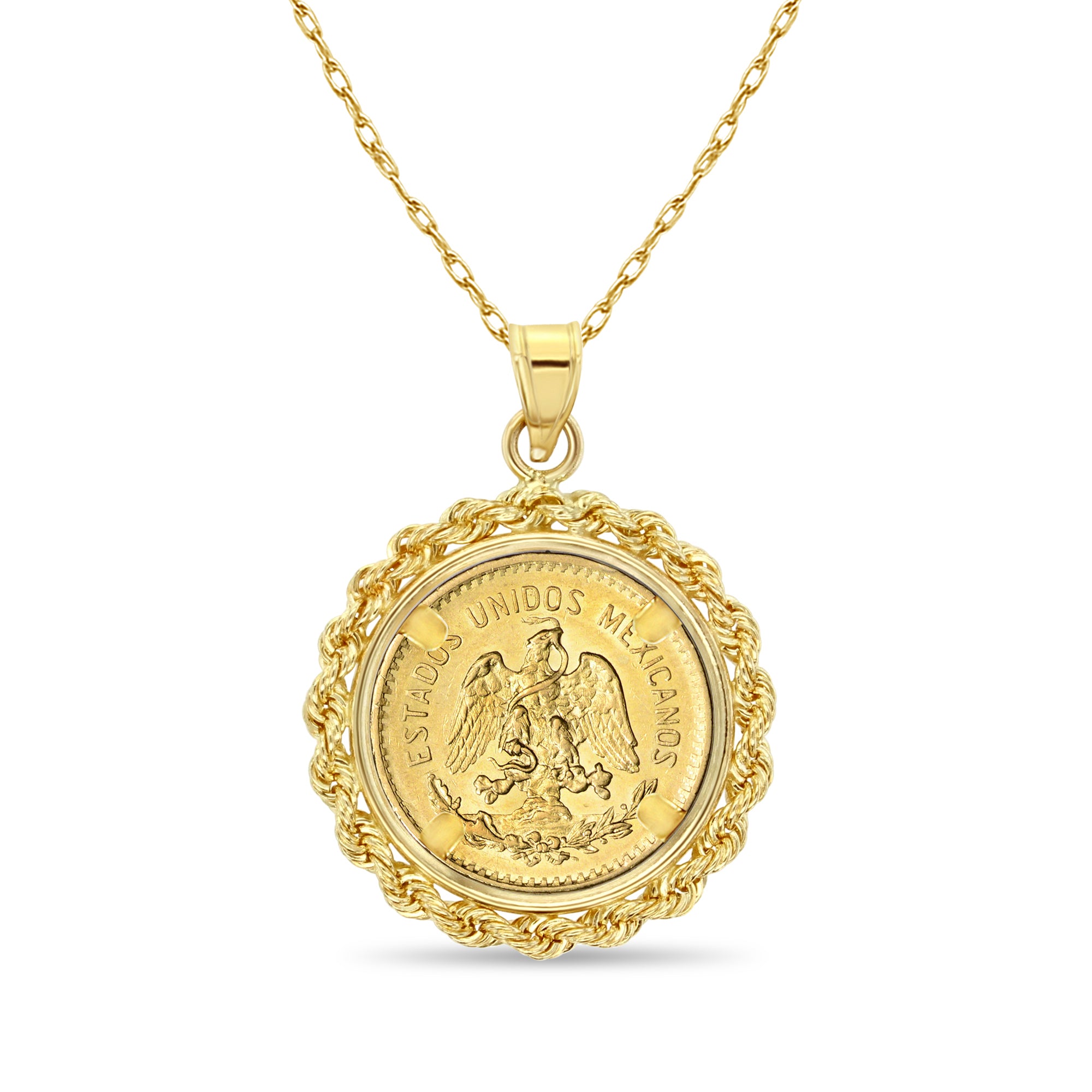 14K Yellow Gold Cinco Pesos Coin Necklace with Rope Bezel - Perfect for Gifts, Special Occasions & Mexican Heritage Jewelry