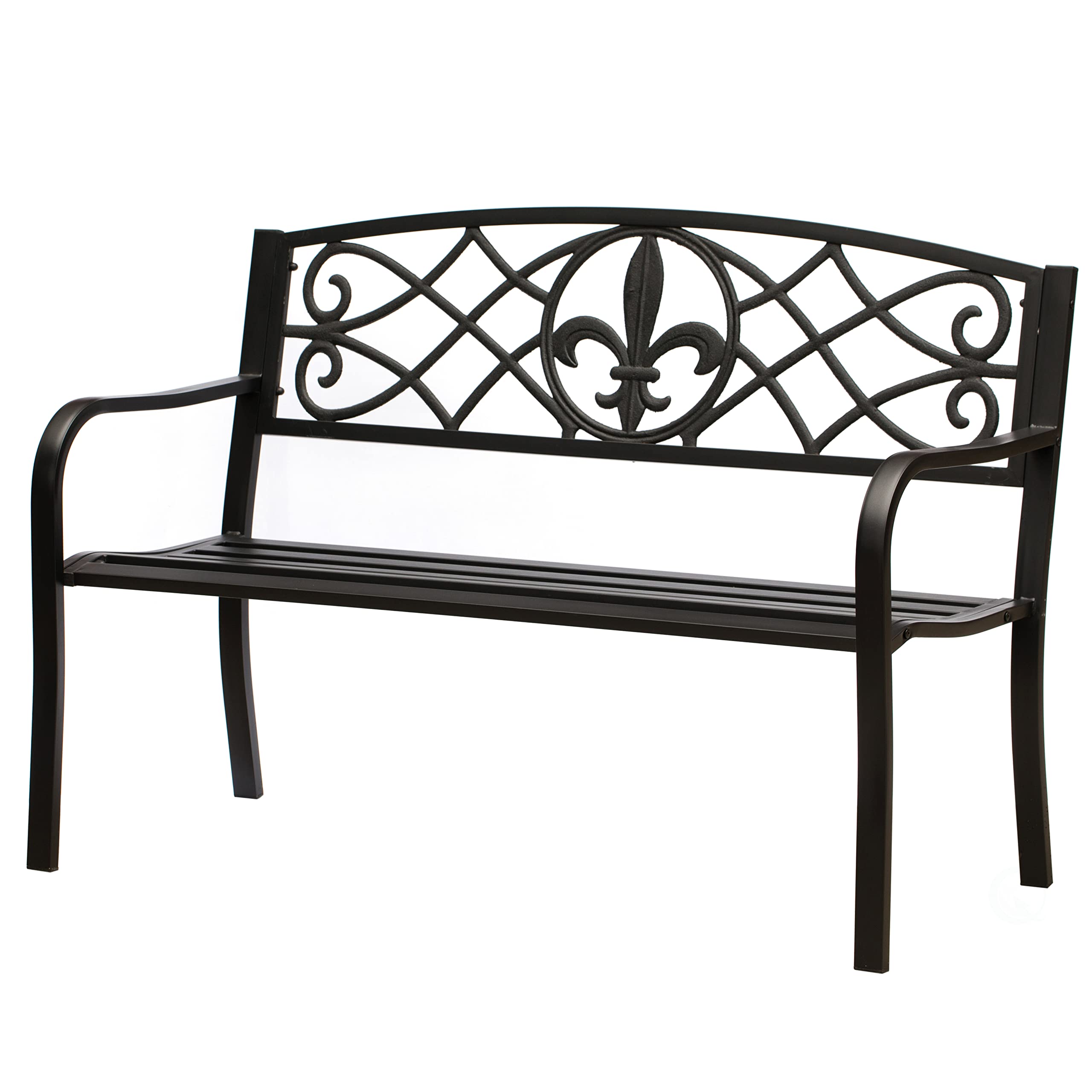 Outdoor Steel Park Bench with Cast Iron Back - Heavy Duty Garden Patio Bench for Yard, Balcony, Deck | Durable Black Seating Bench for Outdoor Relaxation, Park Decor & Backyard Lounging